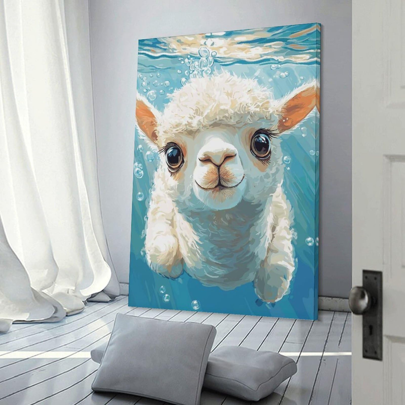 Junmoney Cute Alpaca Swimming Underwater Hanging Wall Art 24x36inch(60x90cm), for New Homes, Bedrooms Or Workspaces, Thoughtful Wall Decor for Art Lovers