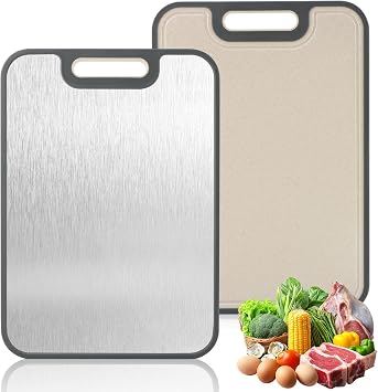 Cutting Boards for Kitchen, Rust-Resistant Double Sided Kitchen Cutting Board, 15.2" x 10.5", Stainless Steel & Wheat Straw PP Chopping Board with Juice Groove & Garlic Grinder, Dishwasher Safe