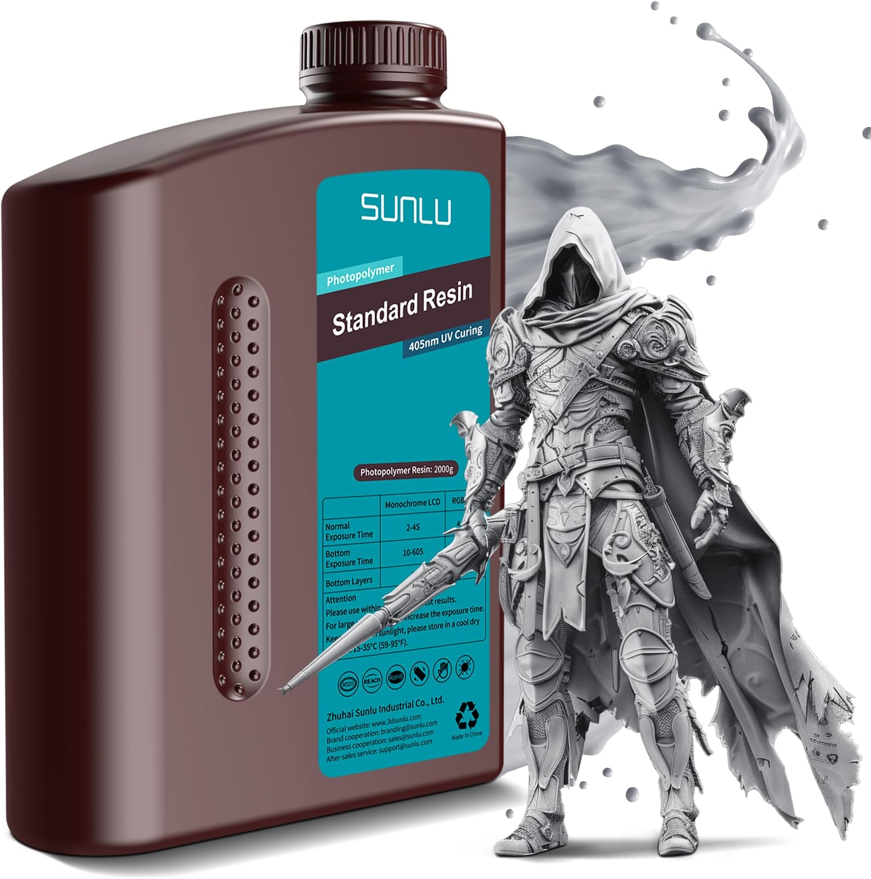 SUNLU 3D Printer Resin 2KG, 405nm UV Curing Standard Photopolymer Rapid Resin for LCD/DLP/SLA 3D Printing, High Precision, Low Shrinkage,Grey 2000g