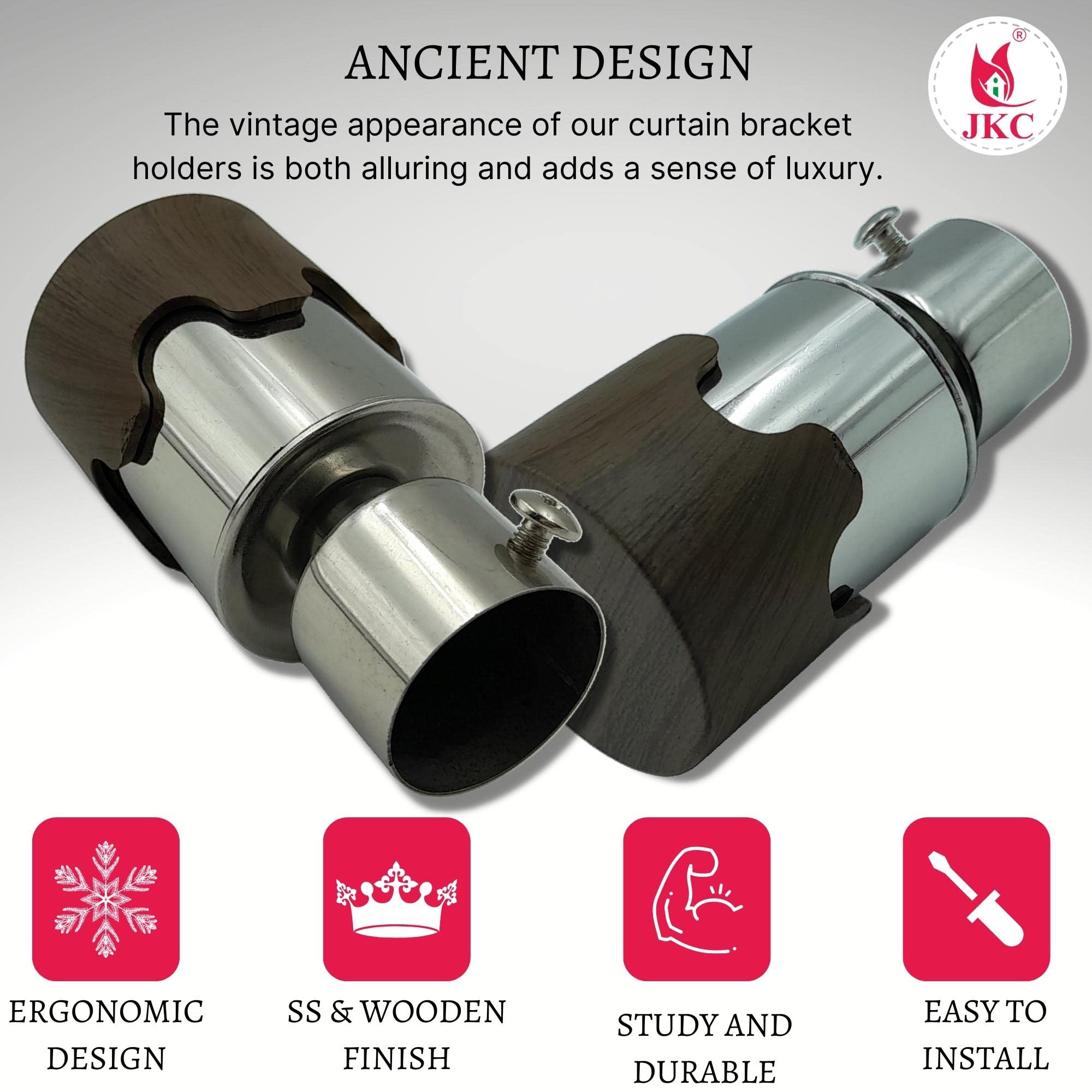 JKC SS Wooden Top Curtain Brackets, Curtain Knobs Set, Curtain Rod End Cap (Brackets - 12 Pcs) 1