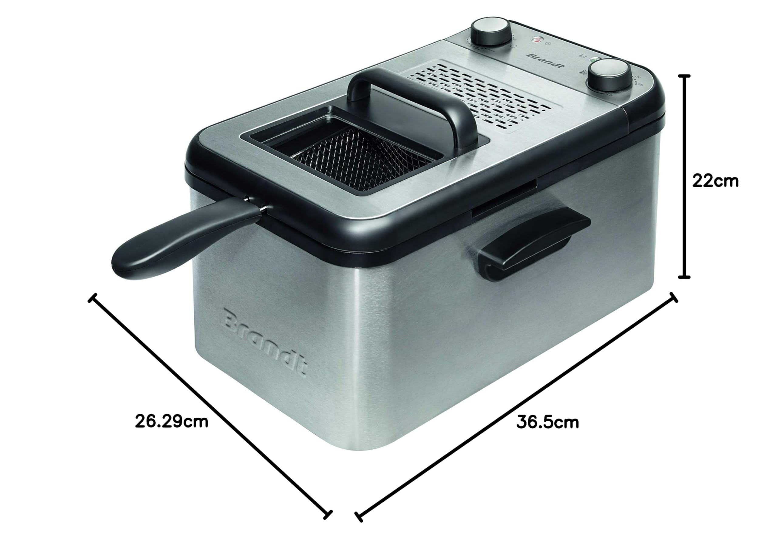 Brandt FRI3200 - Friteuse - Jusqu'à 1,2Kg de pommes de terre frites - Minuteur 30 min - Filtre anti-odeur - Thermostat réglable jusqu'à 190° - 3,2L - 2200W - Acier inoxydable