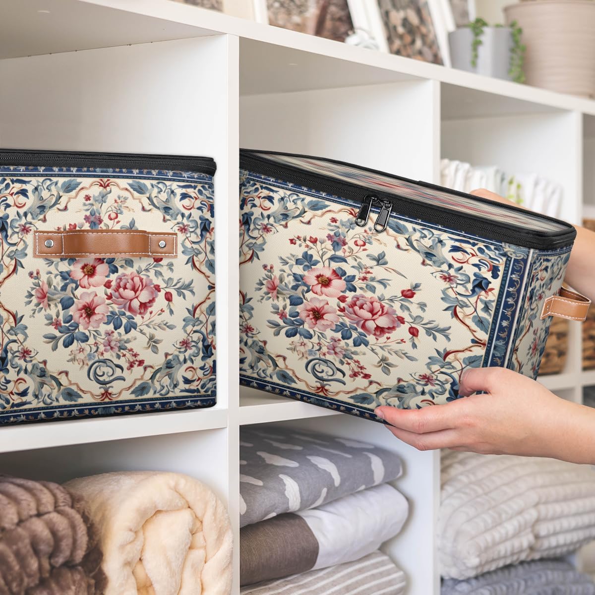 Storage Bin Set of 2 Retro Ethnic Flower Storage Basket with Zipper Lid & Handle Foldable Closet Shelf 2 Pack Cloth Organizer Basket Cube Bins Clothes Organizer for Bedroom, Nursery