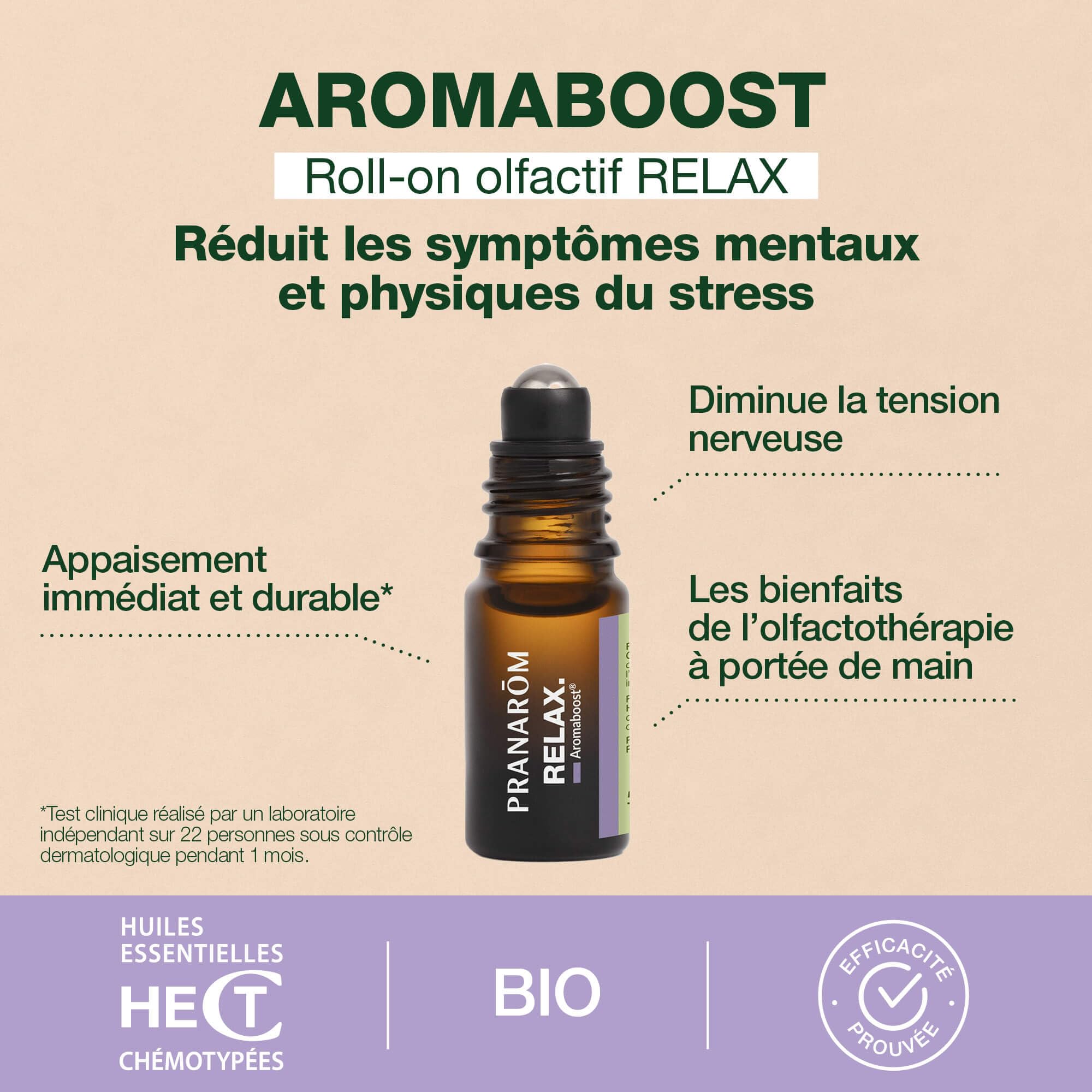 PRANARÔM Aromaboost Relax Bio – Roll-on Olfativo – Apoyo para los Síntomas Mentales y Físicos del Estrés – Acción Inmediata – Aceite Esencial Bio de Lavanda Verdadera – 5 ml