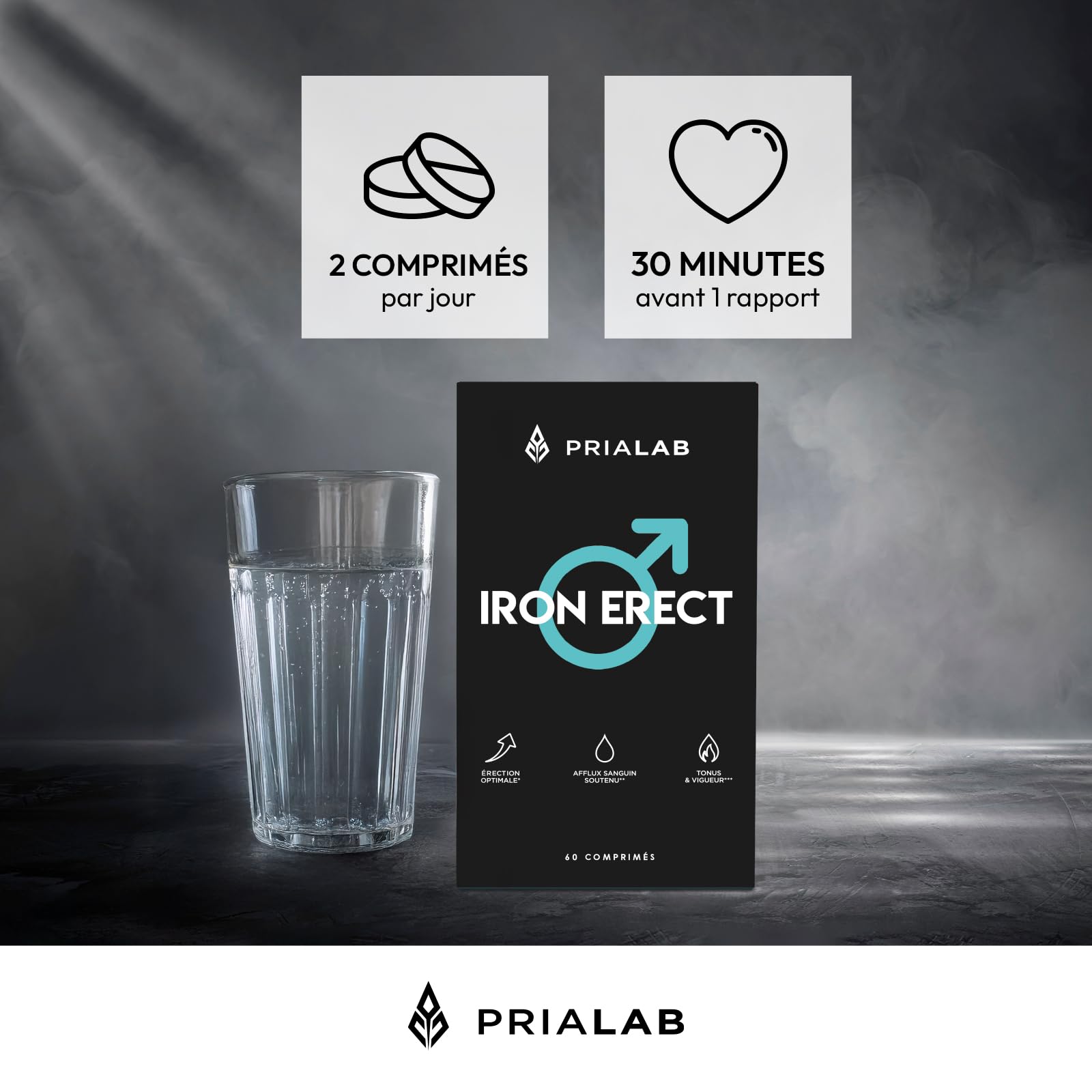 Iron Erect | Formule Virilité Homme | Tribulus, Safran, Ginseng, L-Arginine et Ginkgo | Energie | Aphrodisiaque Puissant | Circulation Sanguine | 60 Comprimés Vegan & Made in France | Prialab