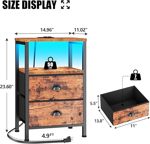 Miniatura 3 de Furologee Mesita de noche con estación de carga, mesa auxiliar con luces LED, mesita de noche con puertos USB y tomacorrientes, mesitas de noche con
