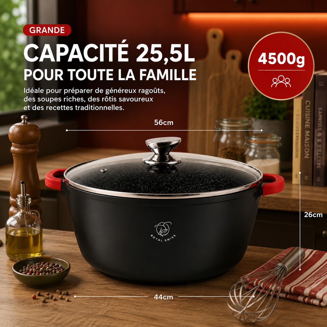 Royal Swiss Faitout 44 cm 25,5 L – Grande Cocotte Fonte d’Aluminium Antiadhésive, Couvercle Verre, Compatible Induction & Four, Cocotte XXXL pour Grandes Préparations, Fond Inox Intégral, Noir