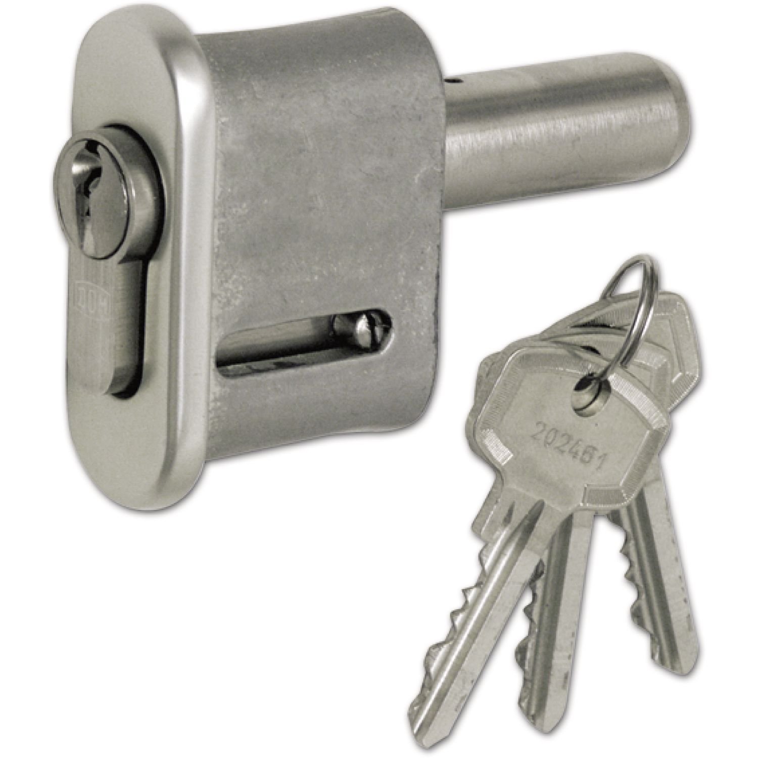 DOM Schiebetor-Zylinderverschluss, Aluminium/Messing vernickelt matt, Nickel matt mit integriertem Profilzylinder, Silber, Türschloss, Schiebetor-Verschluss, 80085031, 2076558031