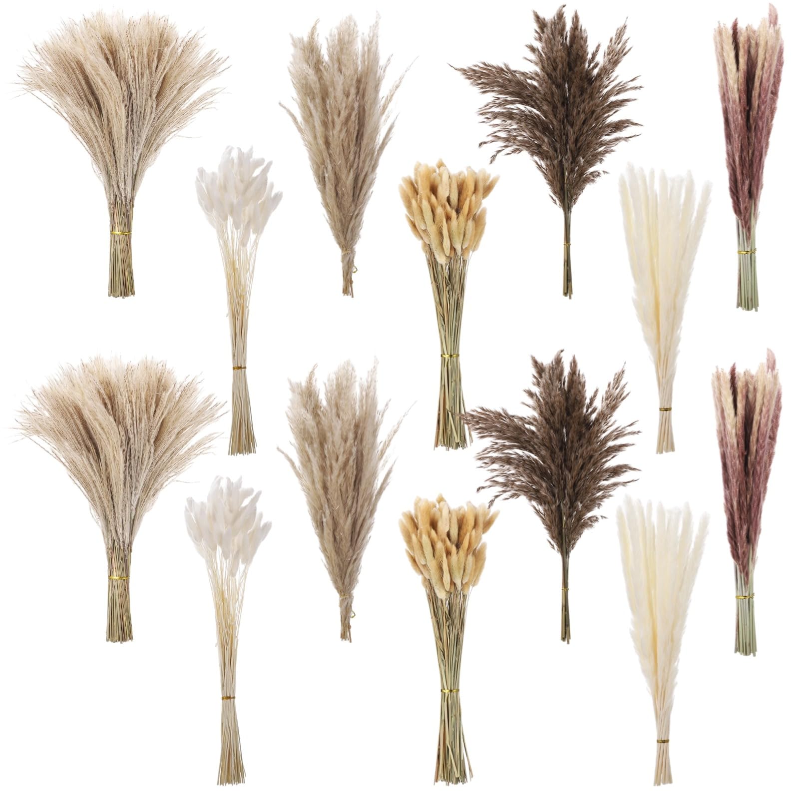 300 STK. Trockenblumenstrauß aus Pampasgras mit Eukalyptus und Bunny Tail Grass, in Weiß, Braun und Beige, Boho-Deko für Zuhause, ideal für Hochzeit, Tisch- und Wohnzimmerdekoration