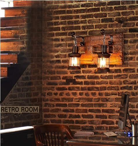 Miniatura 7 de LAKIQ Aplique de pared industrial de granja con base de madera, lámpara de pared rústica para interiores con 2 luces de linterna para bar restaurante