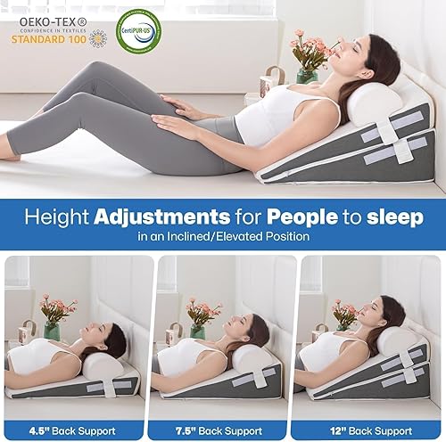 Miniatura 4 de GOHOME Almohada de cuña de cama con parte superior de espuma viscoelástica de enfriamiento extraíble, almohada triangular de bambú 3 en 1 para