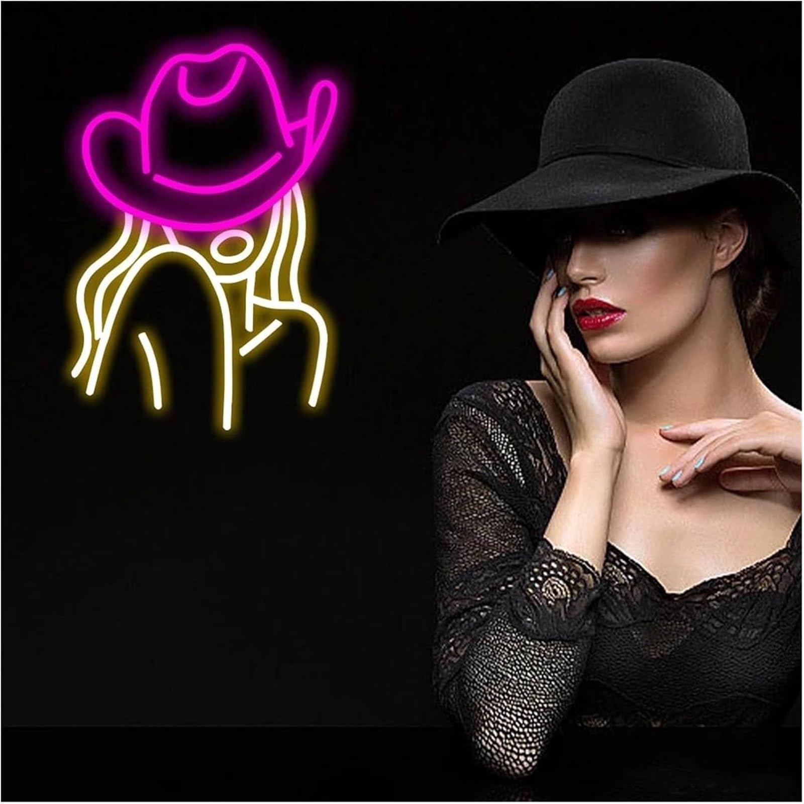 Luci al neon Insegne al neon con cappello da cowboy, luci occidentale, insegna luminosa donna, camera letto sexy