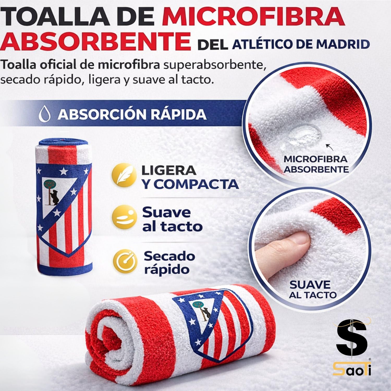 SaoTi Toalla Baño Grande Microfibra 140 x 70 cm Secado Rápido - Toallas Playa Grandes - Toalla Atletico de Madrid Rayas Rojiblancos