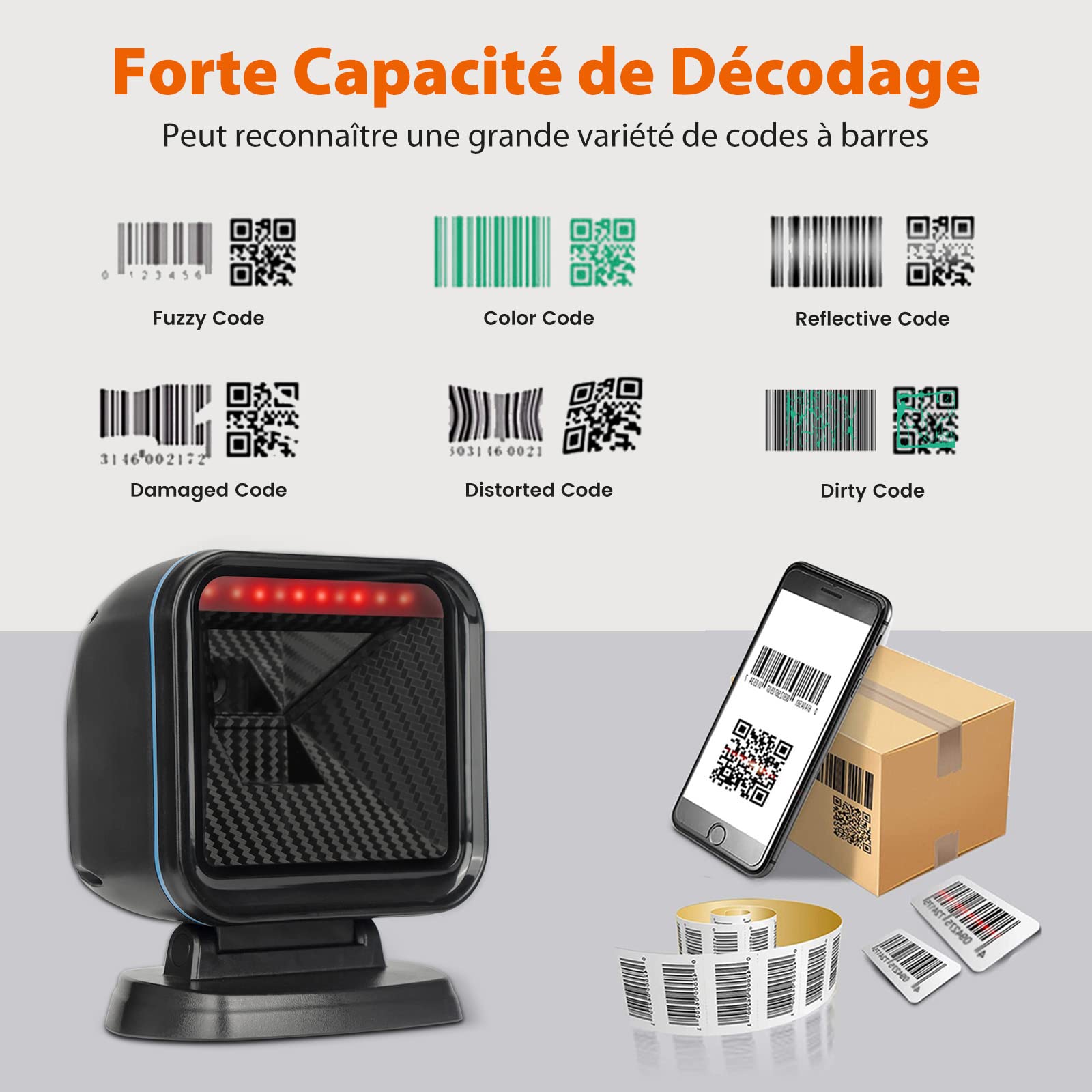 OBZ Lector de Código de Barras 1D 2D QR con Cable USB, Escáner de Escritorio Automático Manos Libres para POS PC Supermercado Farmacia Panadería Biblioteca Compatible con Windows MacOS, Android Linux