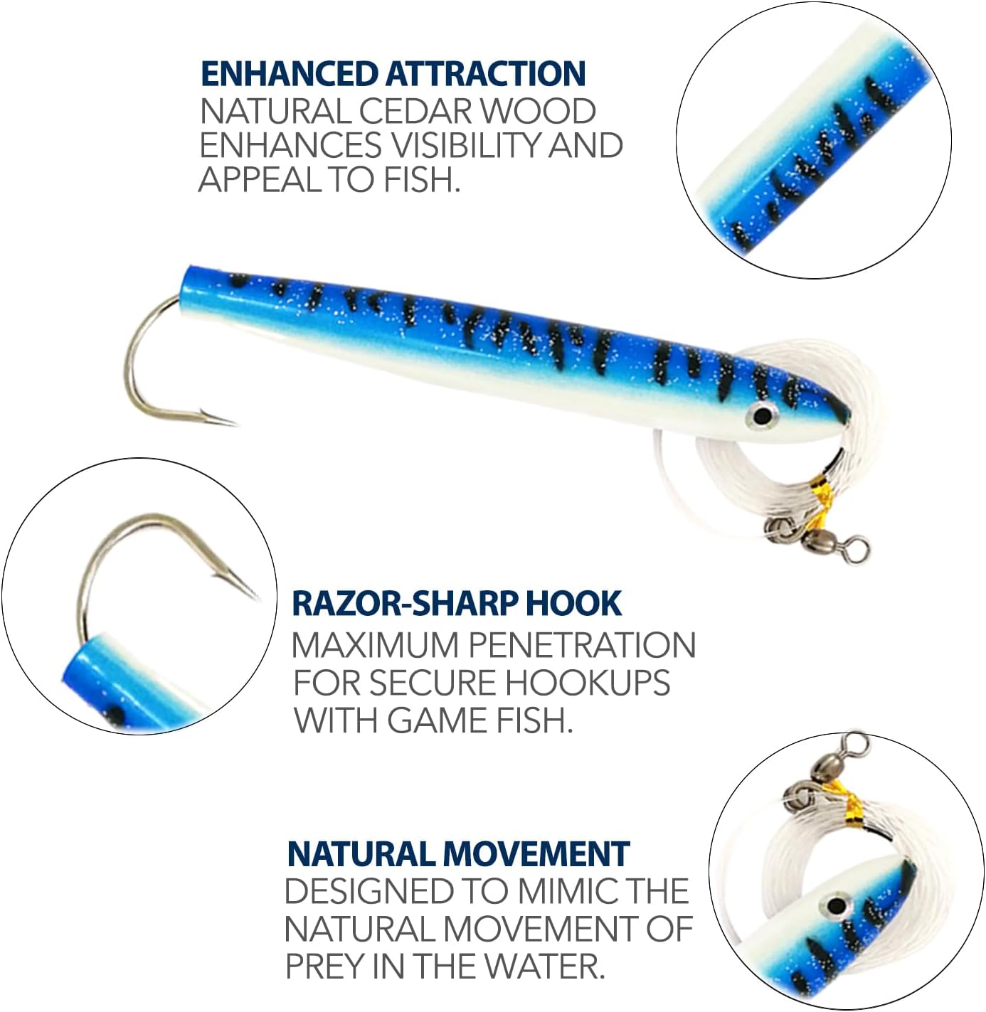 8" Cedar Plug Lures, 6 Pcs Blue/White Rigged, for Offshore Trolling, Includes Lure Bag, Ideal for Tuna & Saltwater Fishing