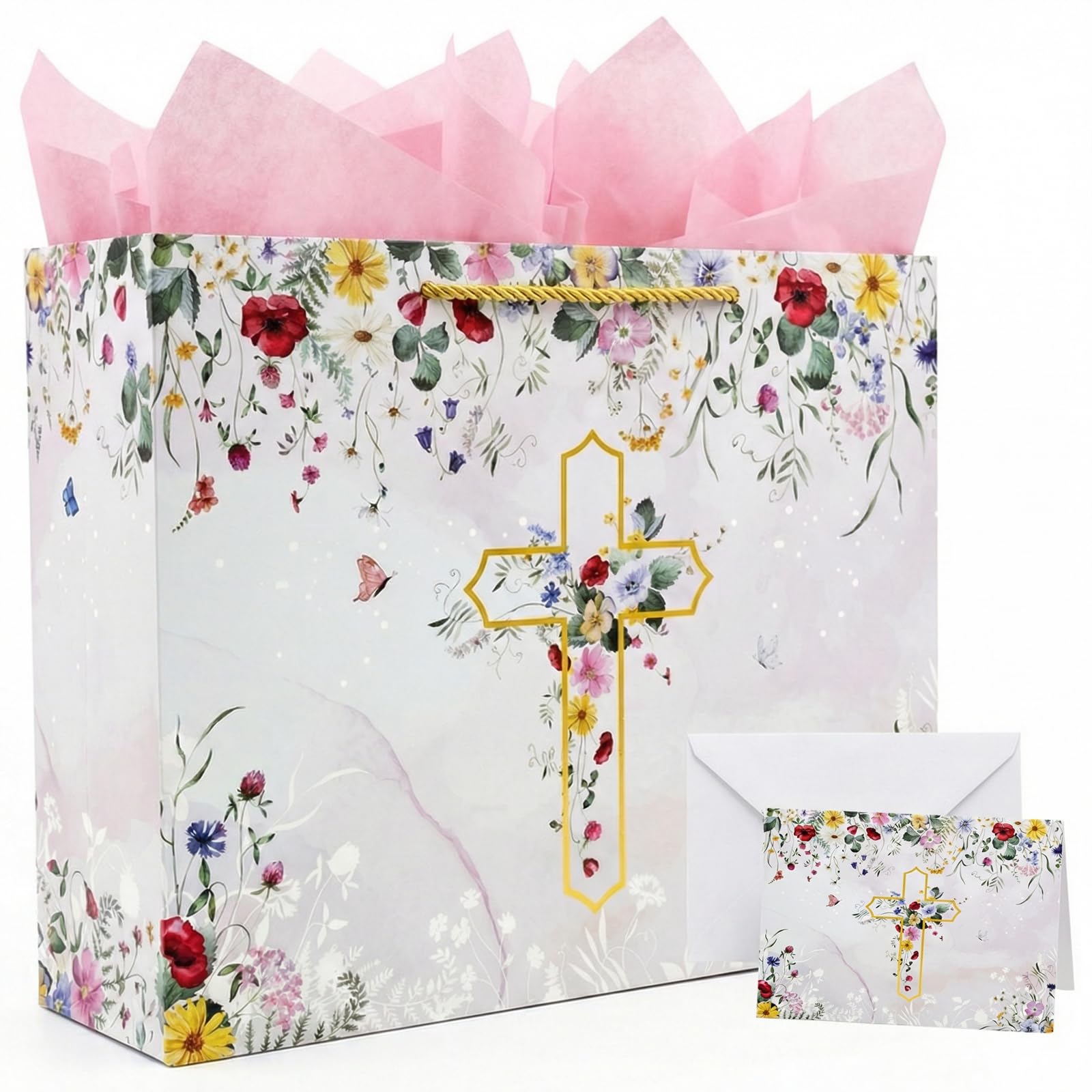 GFInYHM 13" Wildfloral Gold Cross Gift Bag Set with Greeting Card and Tissue Papers for First Communions, Baby Boy Girl Baptisms, Christenings, Wedding, Religious Occasions