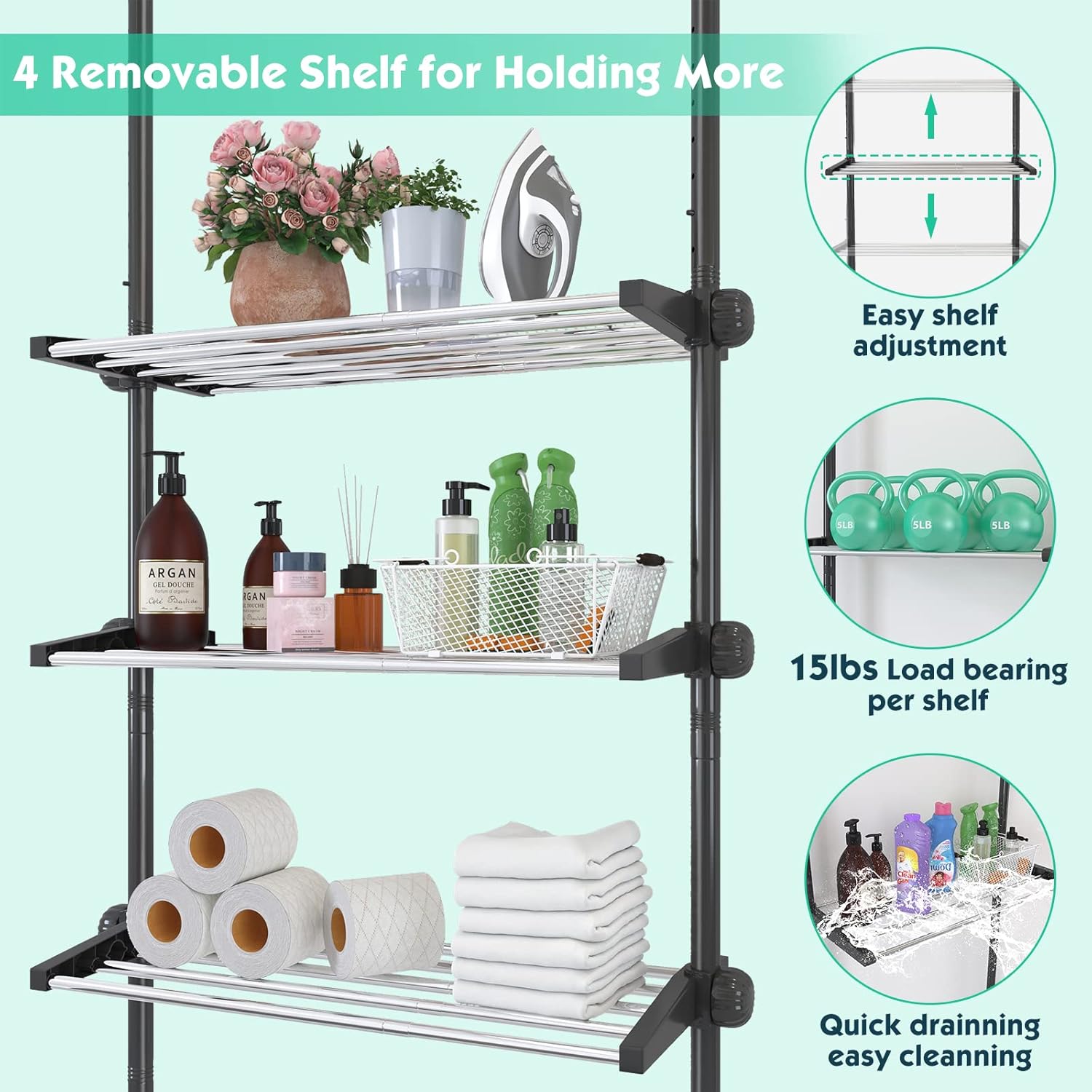 Lilyvane 4 Tiers Over Toilet Storage, 97 to116” Adjustable Tension Pole Over Toilet Bathroom Organizer, Standing Bathroom Shelves Over Toilet for Showers,Black