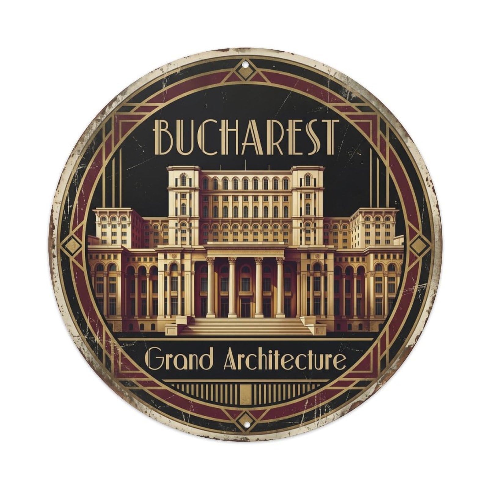 Cmhok Vintage Style-1 Vintage Travel Bucharest Parliament Romania Artwork Metal Tin Sign Plaque Wall Decor For Cafe, Club, Garden Round Metal Poster 8X8inch