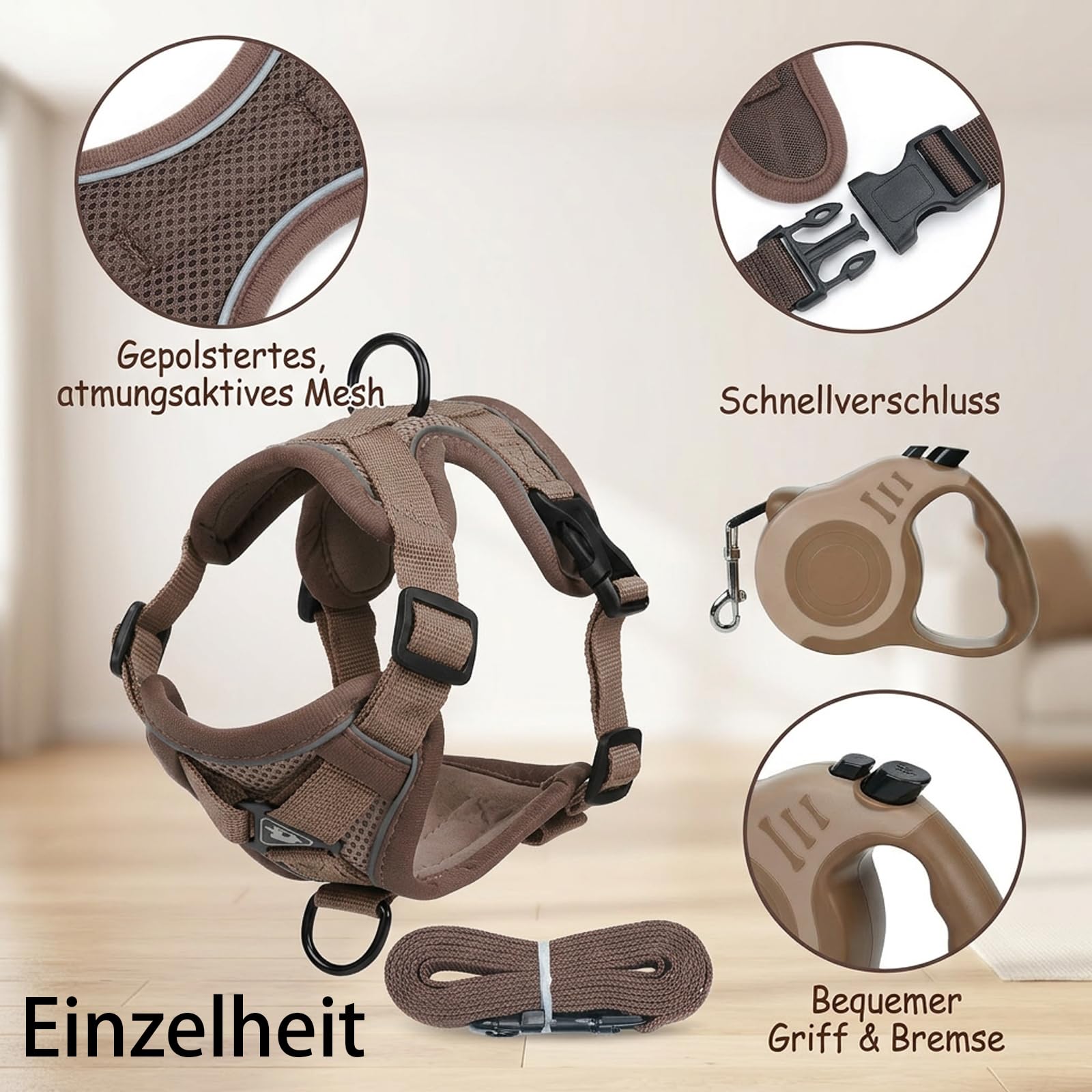 2er Set Katzengeschirr mit Leine Ausbruchsicher, Katzengeschirr mit Leine für sichere Nachtspaziergänge, Braunes Katzengeschirr Set mit Verstellbarer Katzenleine