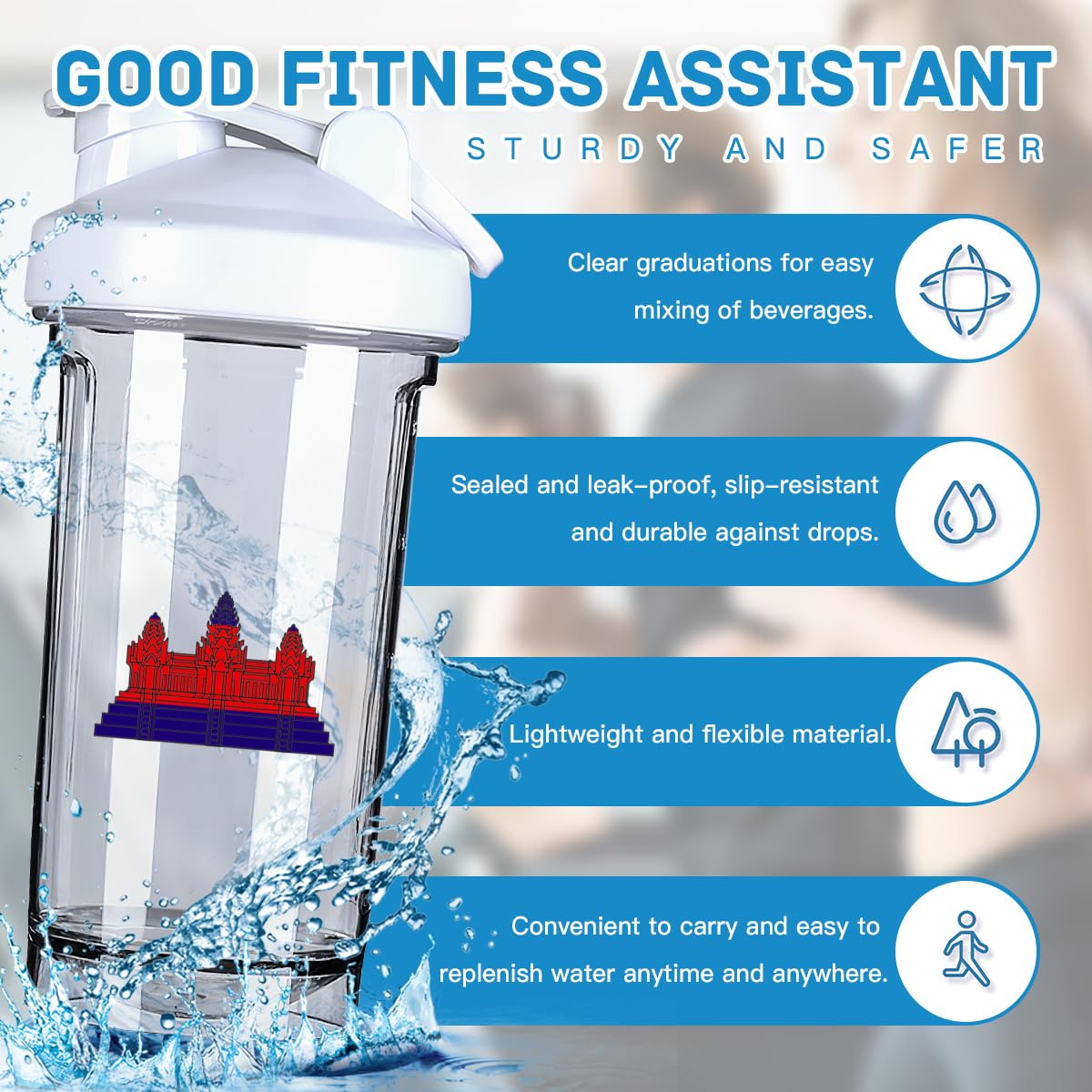 Cambodian Flags 18 Ounce Shaker Cup,Fashion Theme Pattern Shaker Bottle Leak-proof Workout Shake Bottles 500ML/18 oz Perfect for Pre Workout White 0
