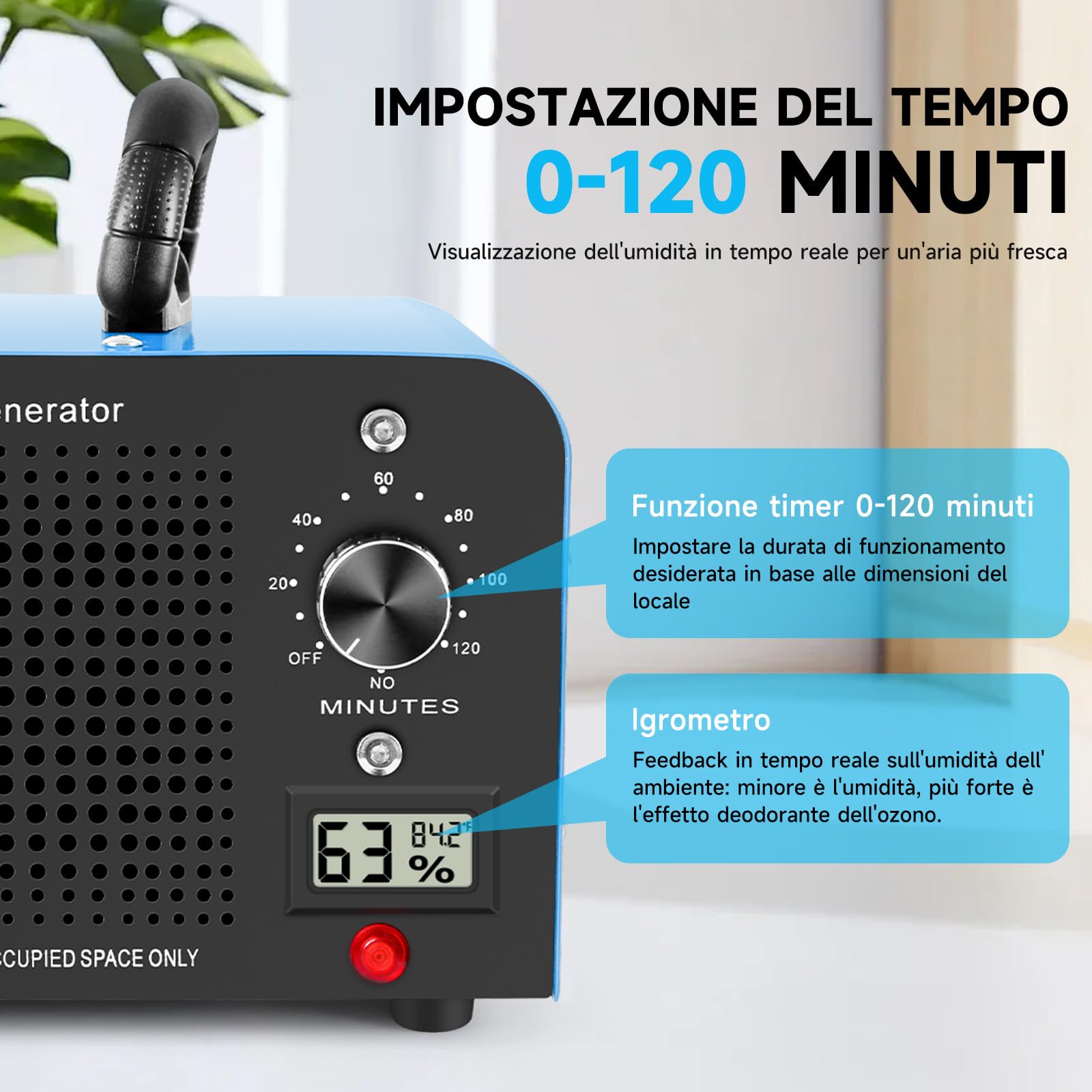 Generatore di Ozono 60000mg/h, Purificatore d'Aria Ozono con Display della Temperatura e Dell'umidità e Timer da 120 minuti, Ozonizzatore per Auto, Casa, Fumo, Odori di Animali Domestici e Cucina
