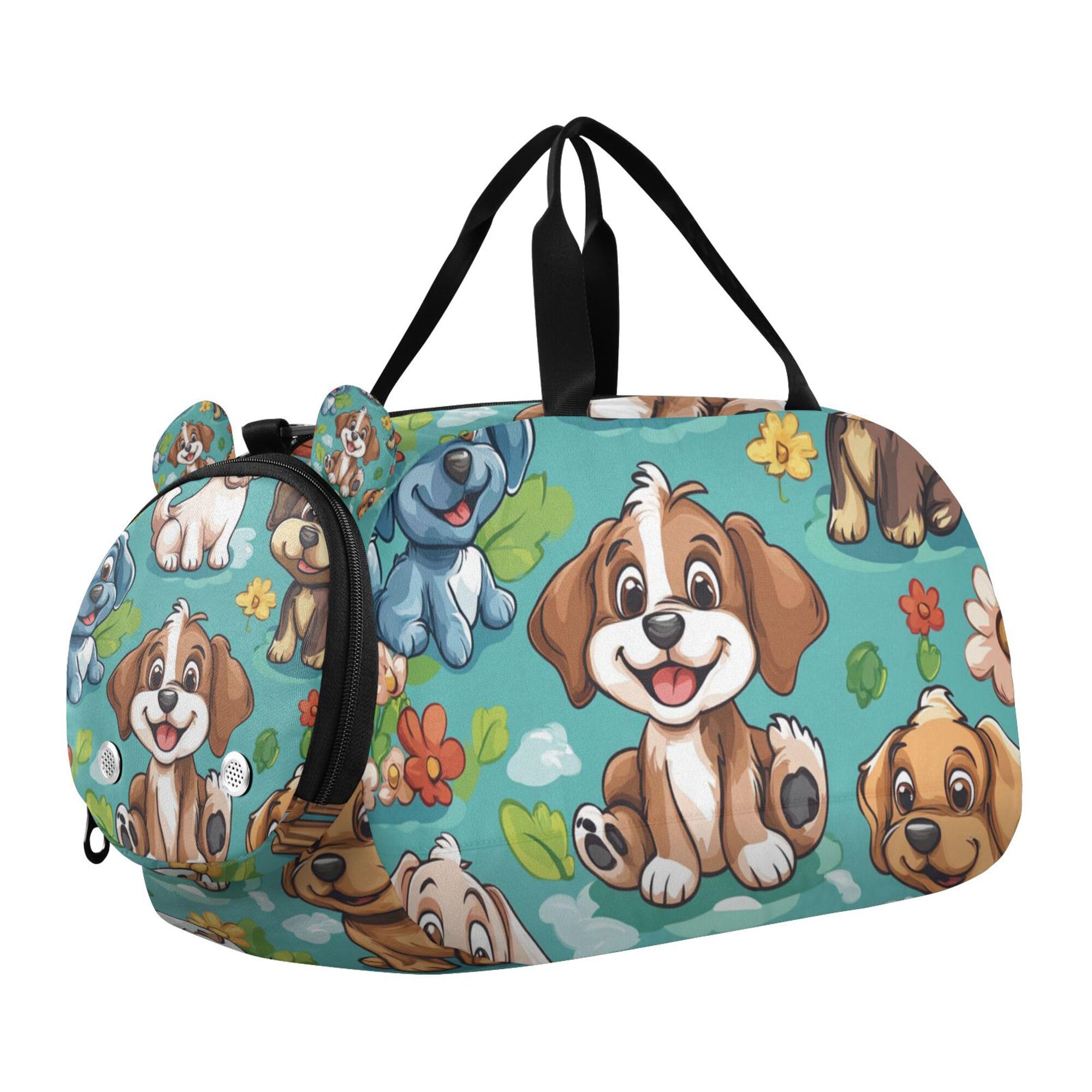 Glaphy Cartoon Dogs Animals Duffle Bag for Toddler Boys Girls, Gym Sports Bag with Shoe Compartments, Kids Travel Overnight Weekender Shoulder Bag