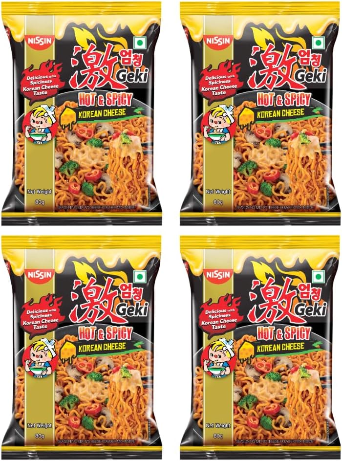 Nissin Hot & Spicy Instant Noodles Korean Ramen Cheese Flavour | Creamy Cheese Meets Fiery Korean Spice | Ultimate Comfort Ramen, 80 G (Pack of 4)