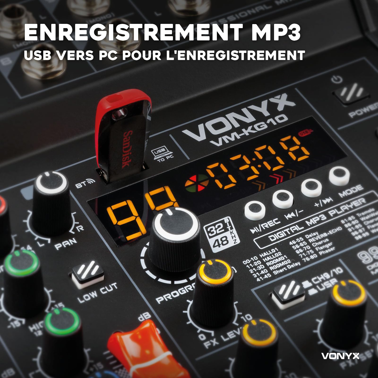 Vonyx VM-KG10 Console de Mixage 10 Canaux - Avec Bluetooth, Lecteur MP3, Interface Audio USB, Processeur de Son, Alimentation Fantôme, Écran LED, Idéal pour les Bars, Petite Salles de Concerts