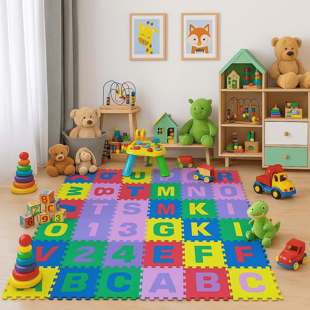 Tappetino puzzle 36 piastrine (86 pezzi) in gomma con lettere e numeri, 180 x 180 cm (3,24 m2)