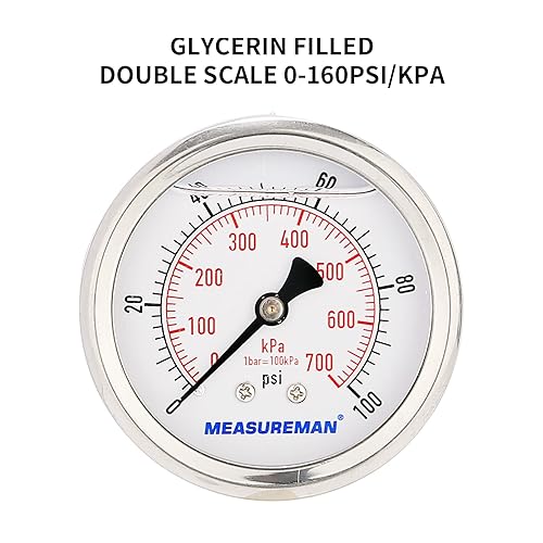 Miniatura 40 de MEASUREMAN - Manómetro relleno de líquido, tamaño del dial de 2.5 pulgadas, 0 a 200 psi/kPa, caja de acero inoxidable 304, montaje inferior NPT