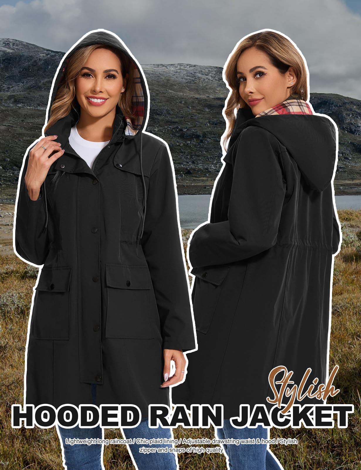 Tuopuda Parka Imperméable Femme Longue Coupe Vent avec Capuche Veste de Pluie Printemps Automne Manteau mi Saison Vêtements d'Extérieur Zippé pour Camping Randonnée Pêche Sport
