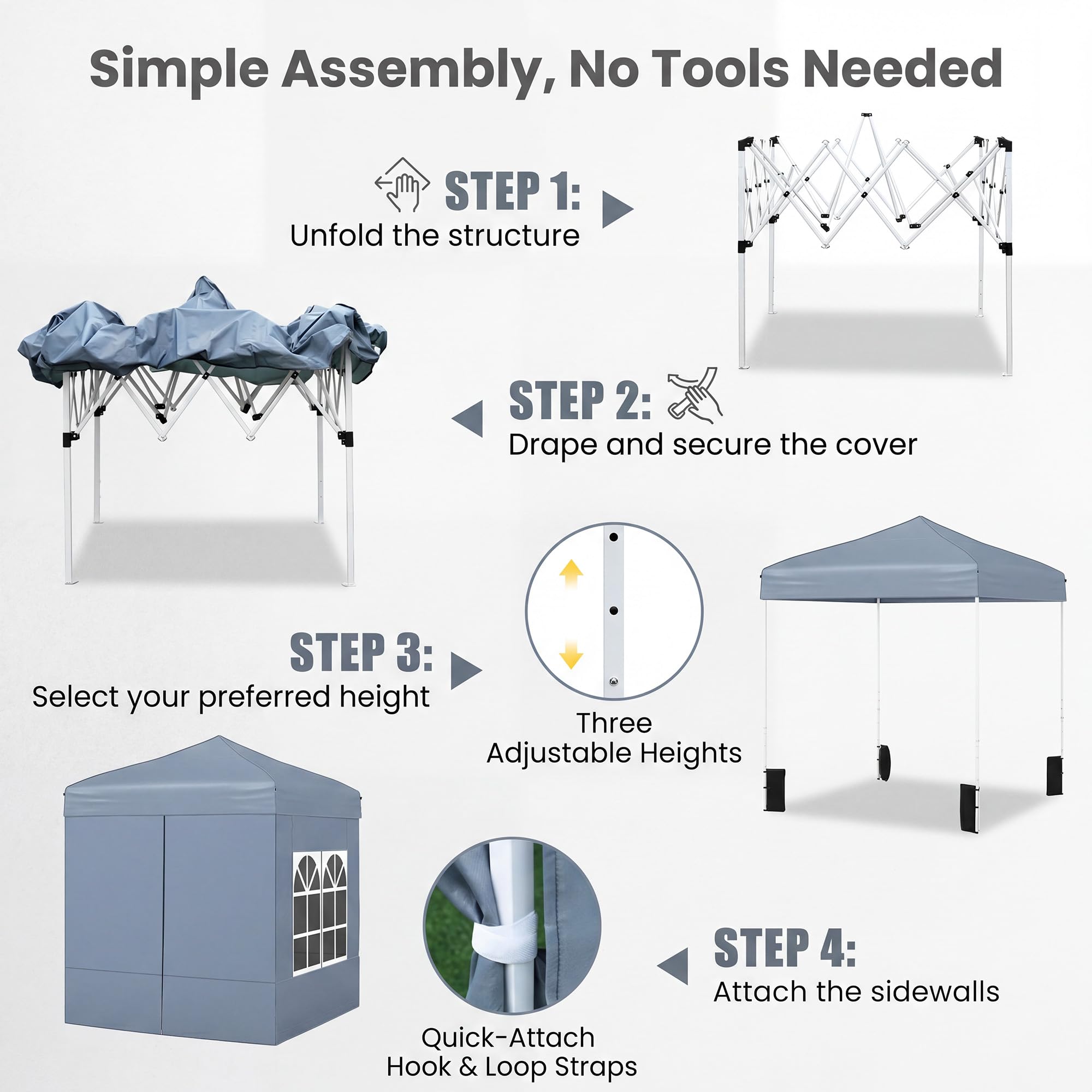 GOPLUS Carpa Plegable de Jardin con 4 Paredes Laterales, 1,94x1,94 M, Cenador Pop-up con Aultra Ajustable, Bolsa de Transporte, 4 Sacros de Arena,para Eventos, Terraza, Exterior (194x194 cm,Gris)