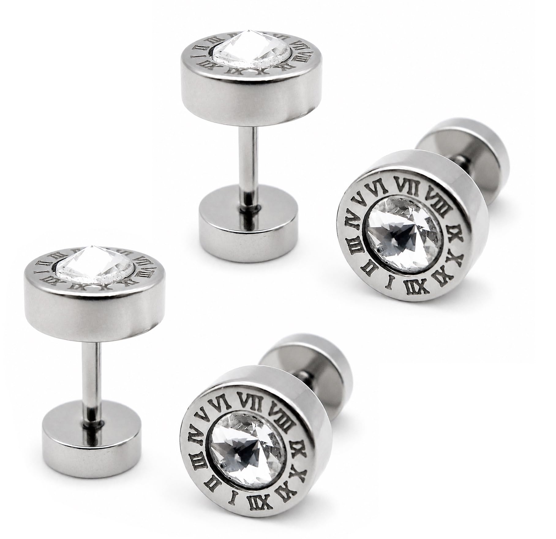 2 Pair Roman Numeral Silver Plated CZ Stainless Steel Stud Earring For Men & Women-picture-47
