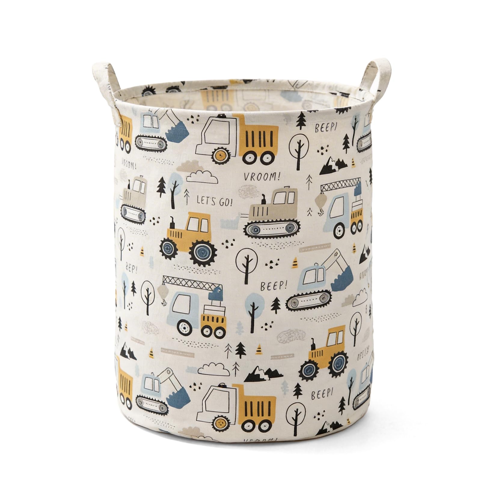 Construction Vehicle Toy Storage Basket for Kids - Large Foldable Toy Box & Laundry Hamper - Waterproof Cotton Linen Nursery Organizer with Handles for Toys, Clothes & Blankets (Excavator Theme)