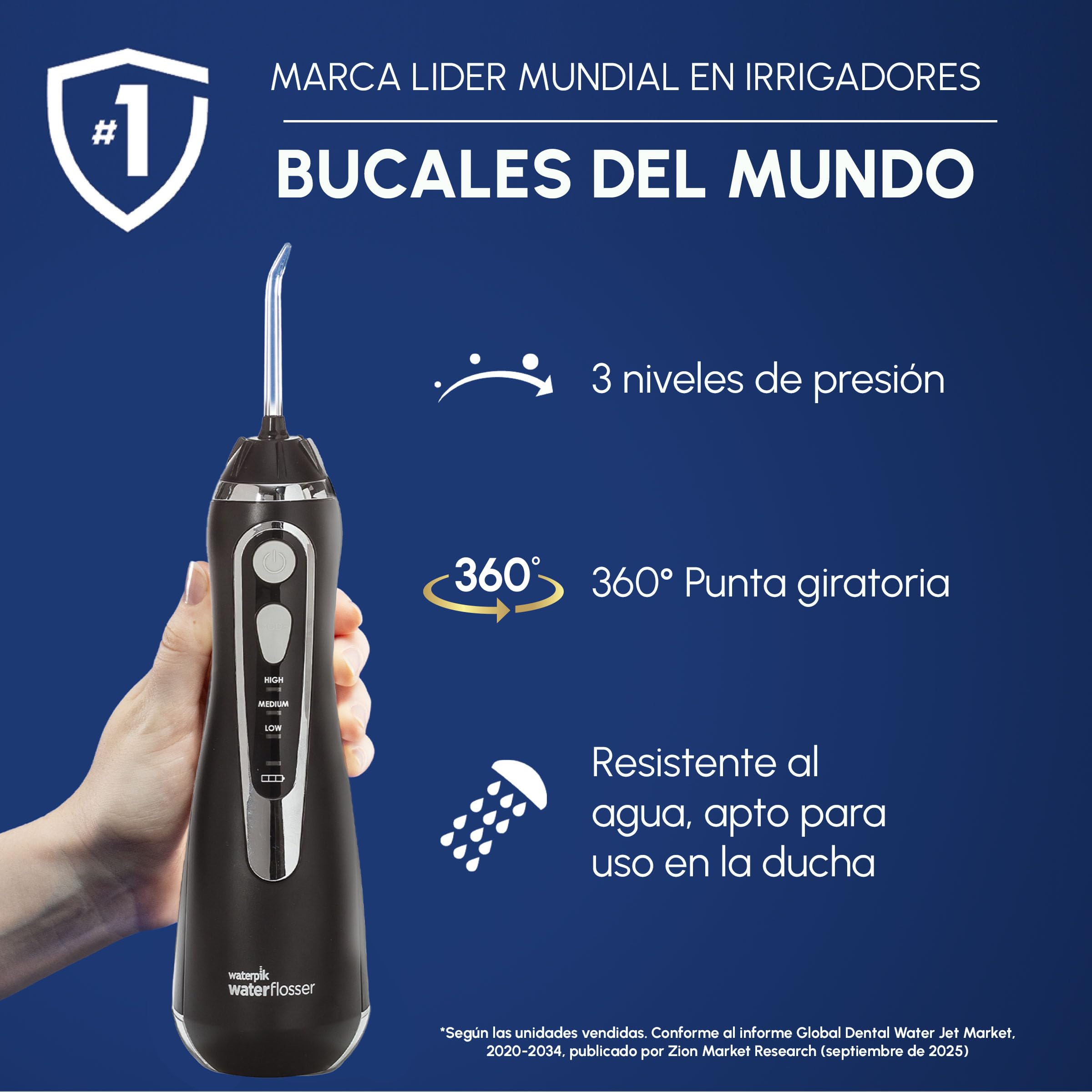 Waterpik Irrigador Dental Eléctrico WP-582EU, 3 Presiones, Cargador USB, Negro