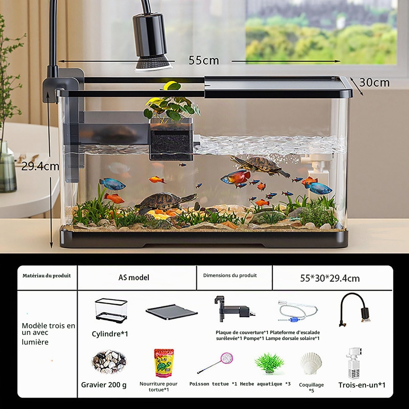 Aquarium complet pour tortue avec filtre et pompe à eau XL