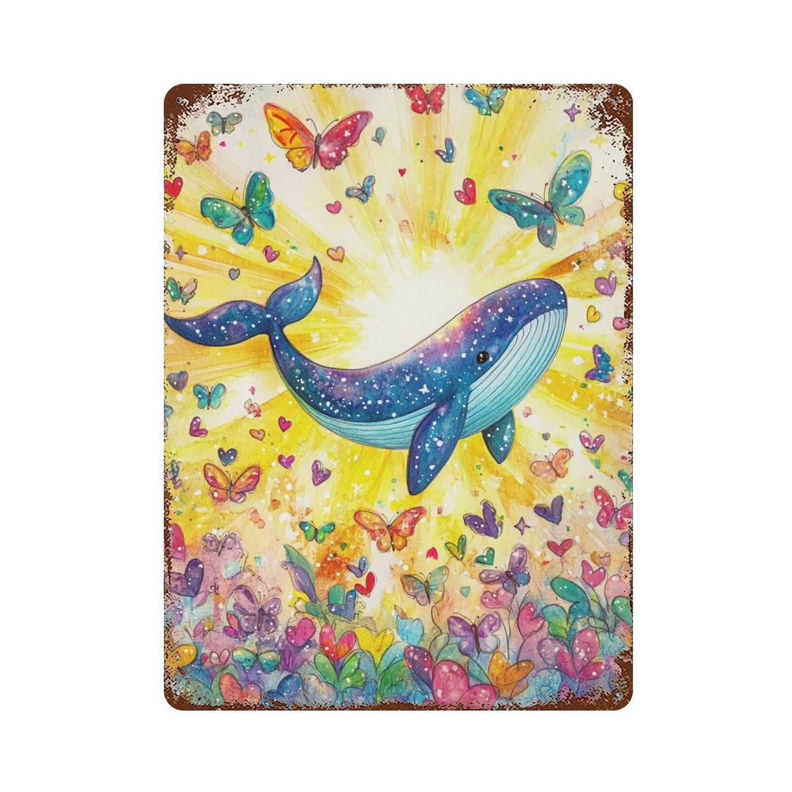 Rust Effect Whale And Butterfly Fantasy Weathered Tin Sign 15.7"x11.8", Shabby Chic Decor for Patio, Garden Room And Bar Decor