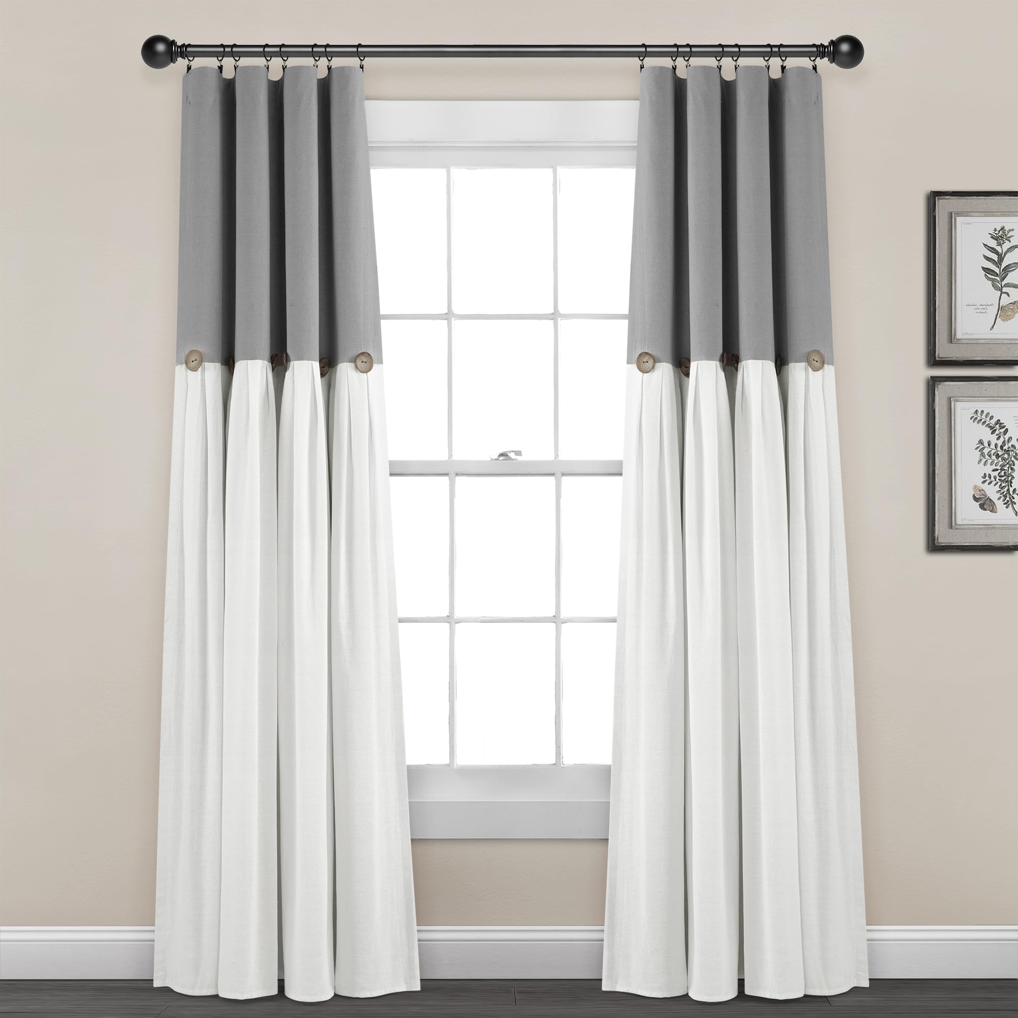 Lush Decor Linen Button 100% Lined Blackout Farmhouse Curtains, Single Panel, 40" W x 84" L, Dark Gray & Off-White