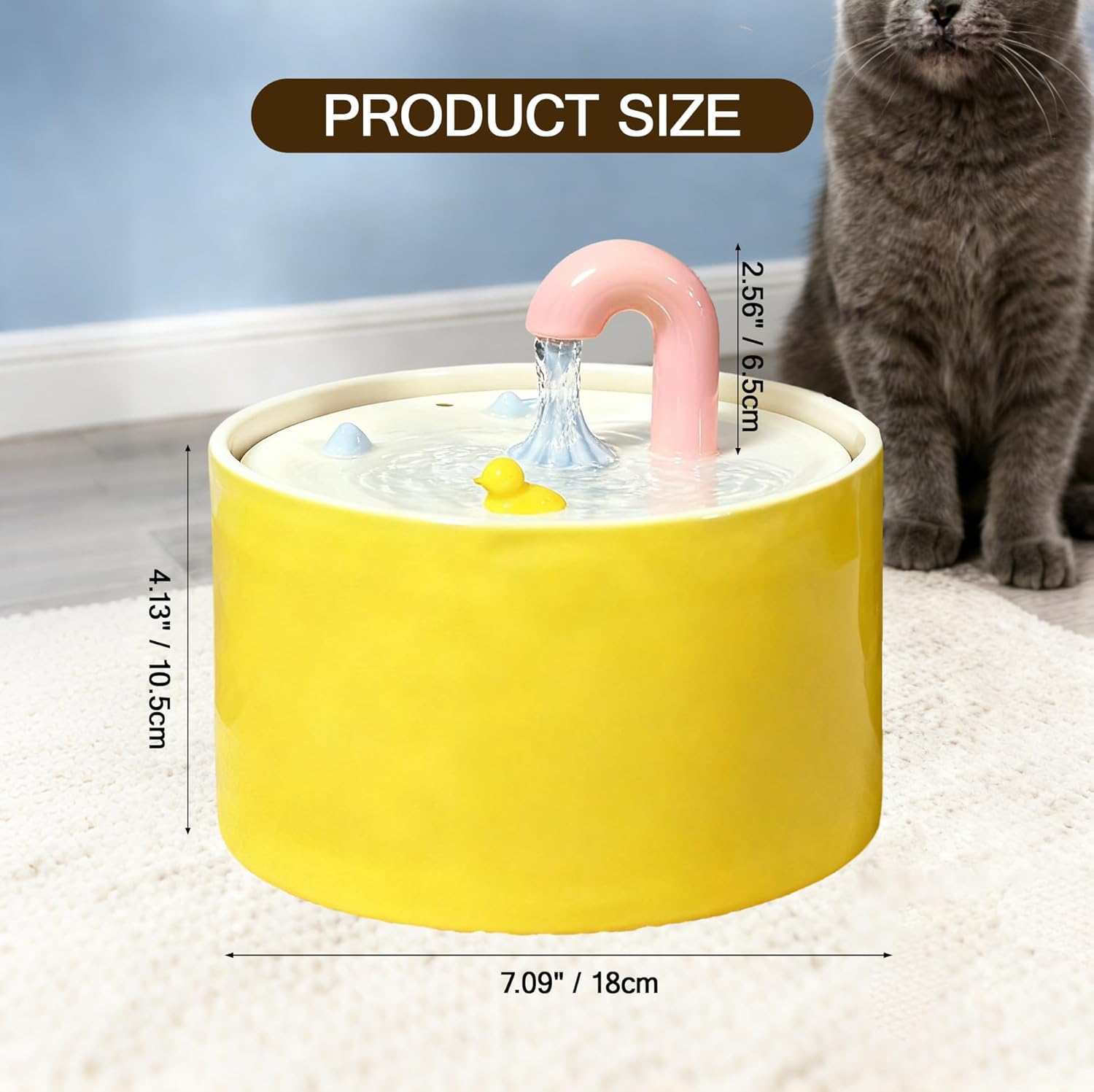 Ceramic Cat Water Fountain, 50oz/1.5L Yellow Ultra-Silent Automatic Pet Water Bowl Fountain Cat Water Dispenser for Pet Drinking Indoor with Cute Design, Activated Carbon Filter Perfect for Cats