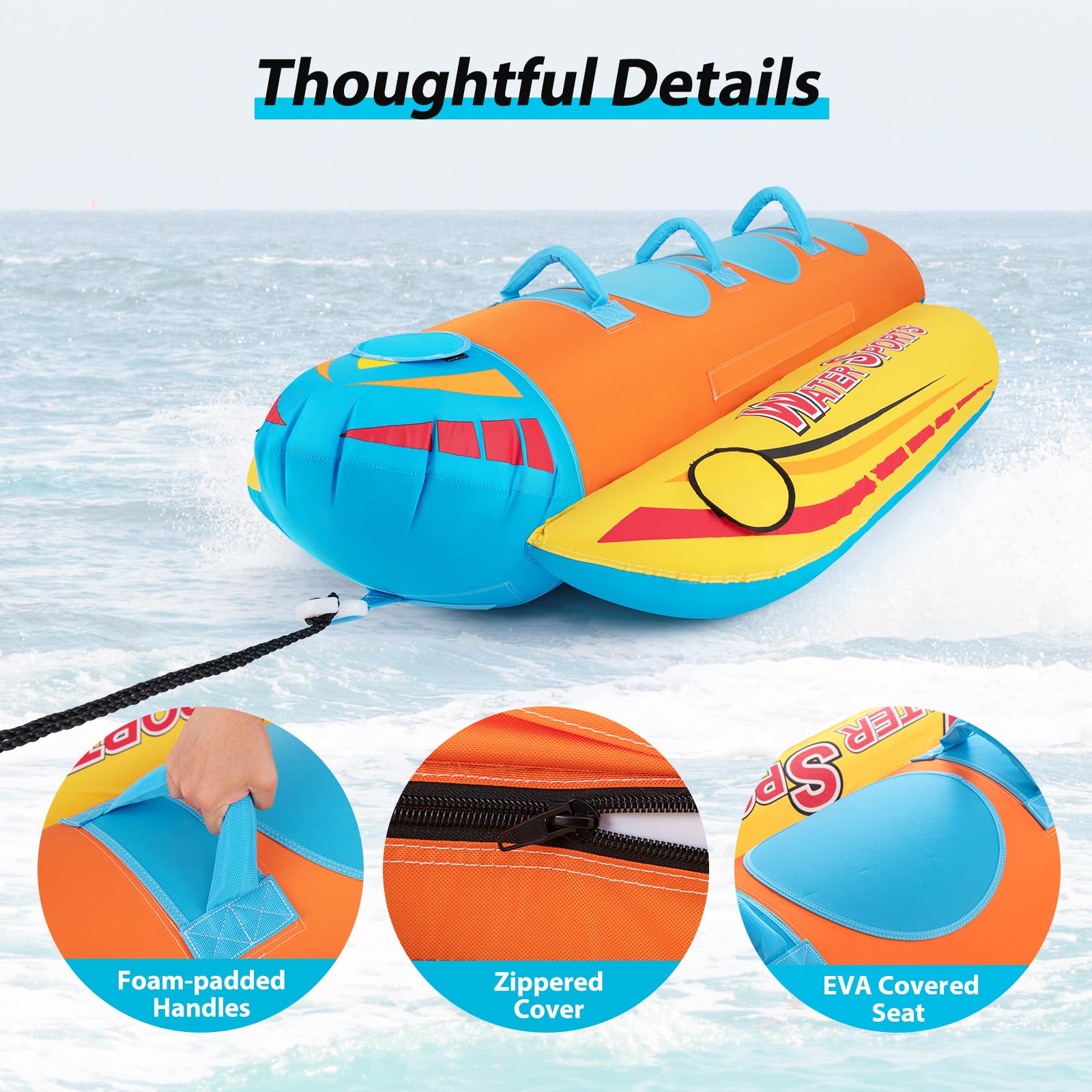 HOMASIS Bateau banane gonflable pour 3 personnes, avec 3 poignées et système de remorquage, sports nautiques Funtube jusqu'à 231 kg, 252 x 108 x 51 cm