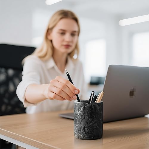 Miniatura 4 de WORHE Soporte para bolígrafo, Italia Natural Premium True Marble Makeup Brush Holders, organizador de vajilla, taza de lápices de escritorio para