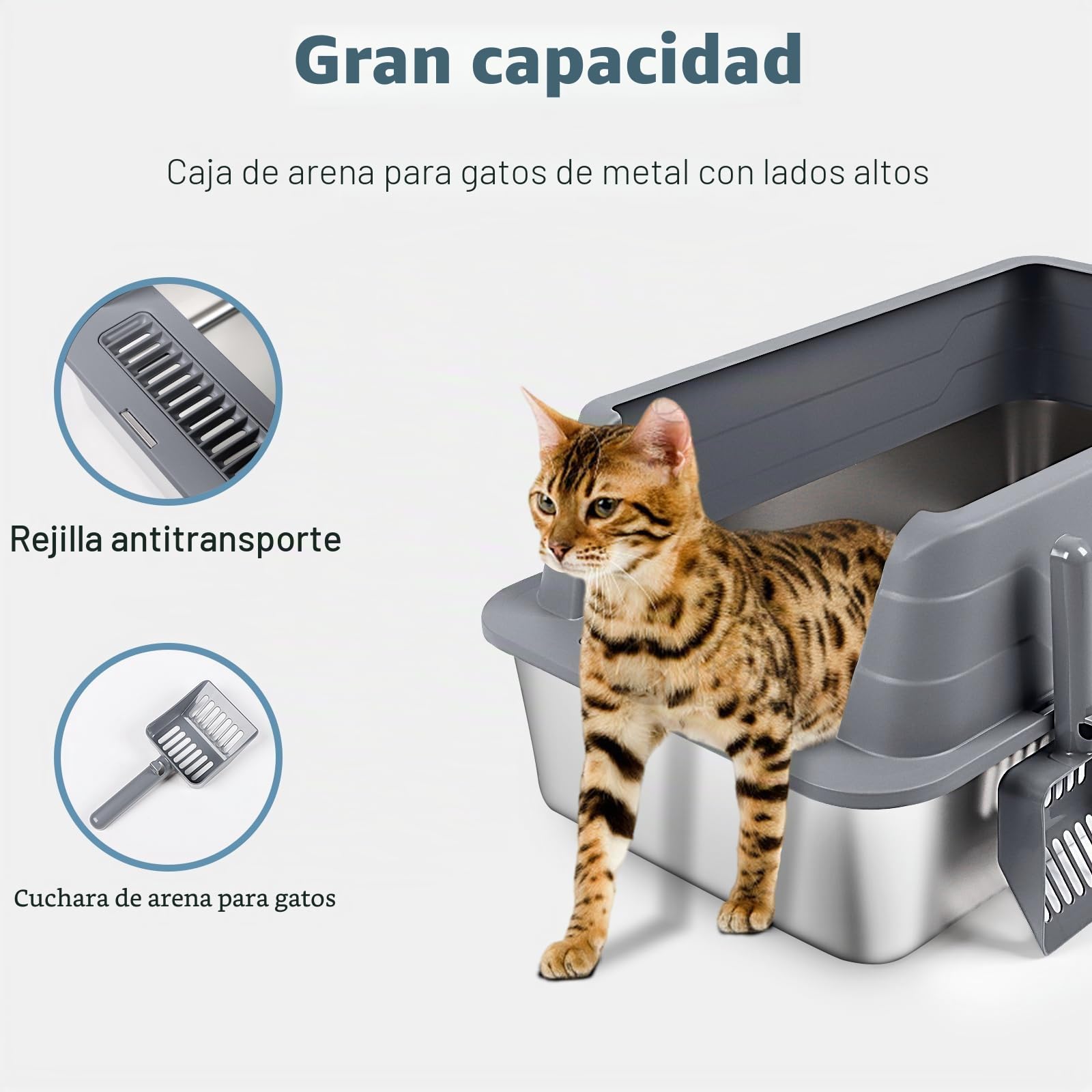 Cajas de Arena para Gatos de Acero Inoxidable con Pala, Bandeja higiénica de Lados Altos, antisalpicaduras, sin olores, Antiadherente, fácil de Limpiar (Gris Oscuro, 3 Unidad)