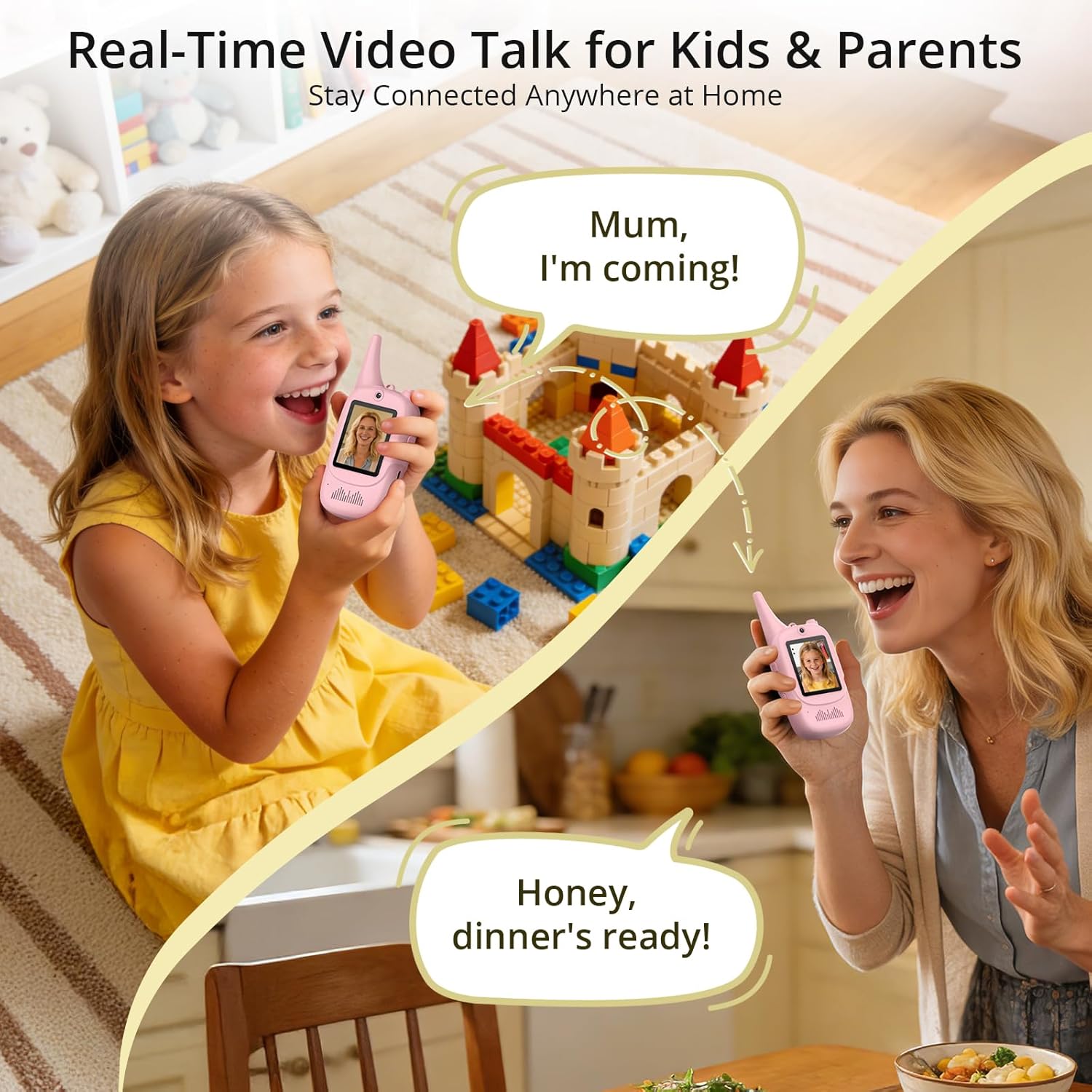 Anbte Video Walkie Talkies for Kids with Cute Silicone Case, 2 Pack Rechargeable Two Way Radios Toys for Boys Girls Age 3-8, Easy to Use, for Family Game Outside Camping Indoor Outdoor, Pink