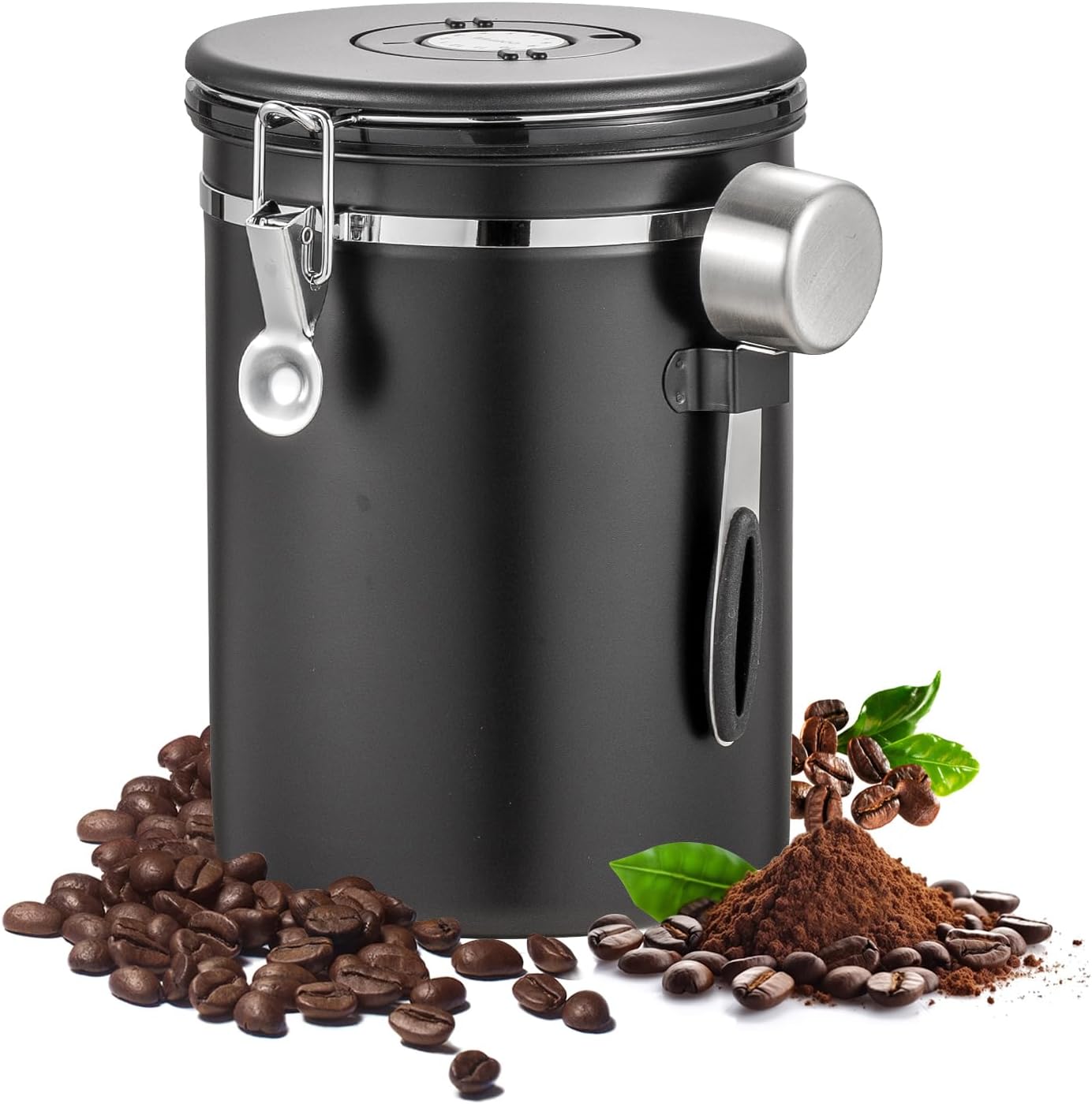 Airtight Coffee Container with Date Tracker & Spoon - Kitchen Storage Jar for Coffee Grounds, Cereal, Beans, Sugar (Black, 38OZ)
