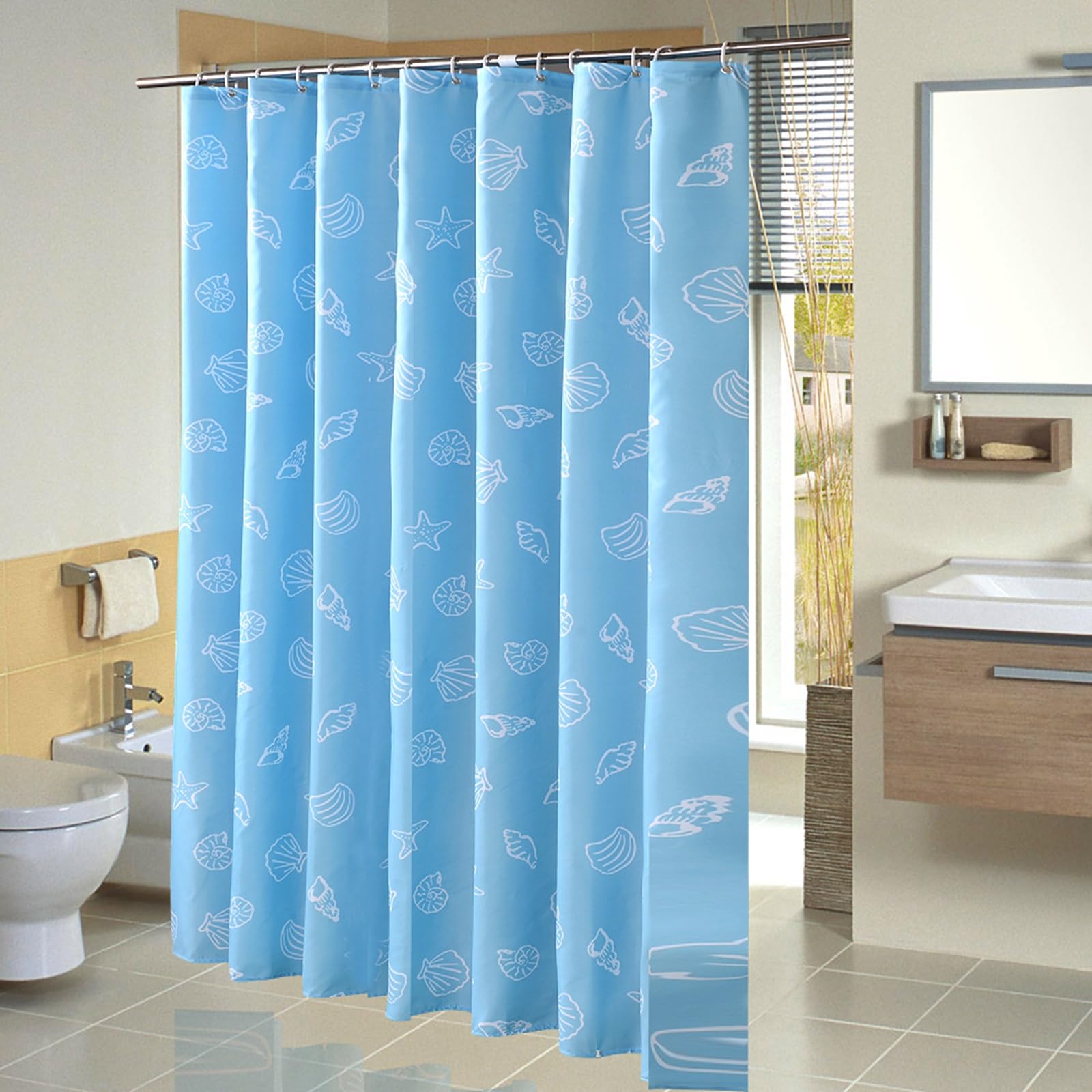 Rideau de douche 200 cm pour baignoire d'angle ambiance marine coquillage