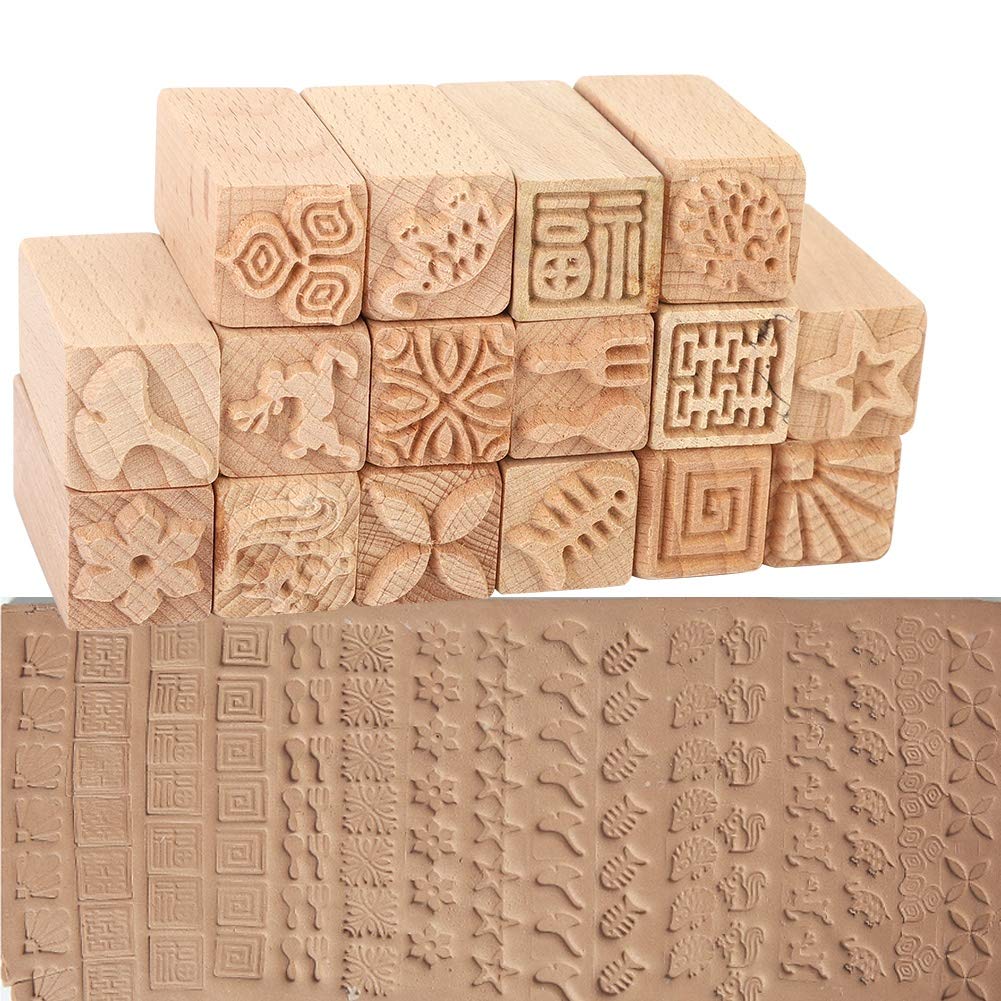 Tampons en hêtre sculptés à la main, 16 pièces, blocs d'impression de poterie en argile en bois de qualité supérieure, outils d'artisanat pour projets artistiques de bricolage,