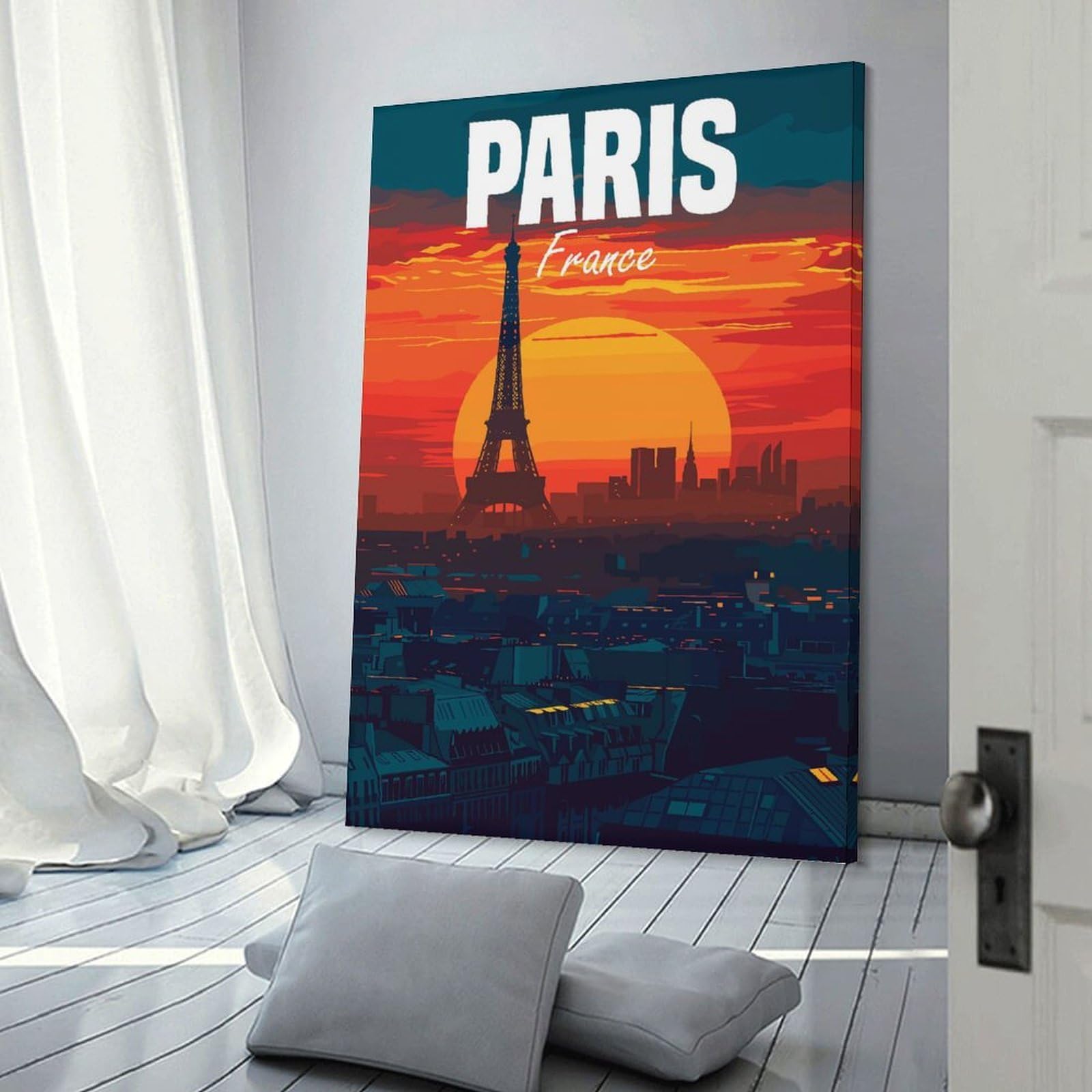 Junmoney Paris France at Night Canvas Wall Picture, 24x36inch(60x90cm), for Sofa Walls, Lounge Or Home Corners, Modern Wall Decor for Cosy Interiors