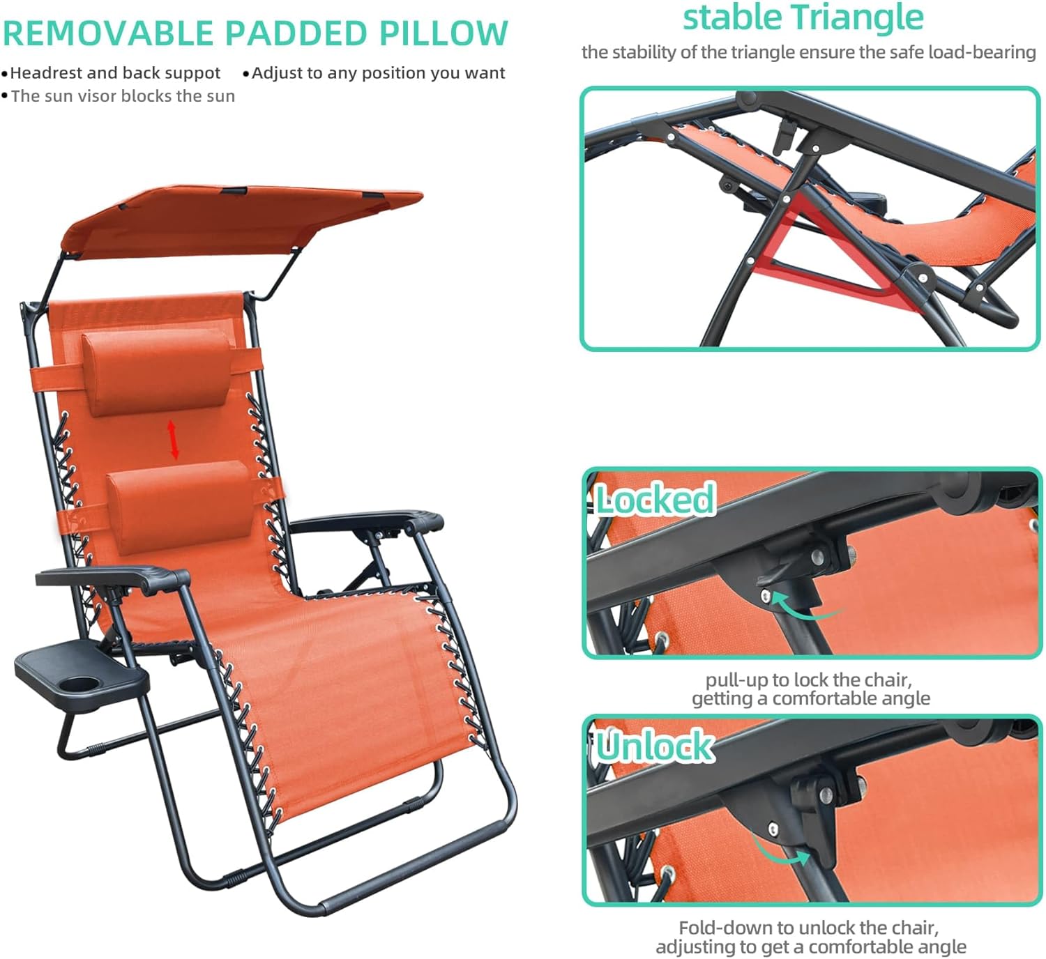 Jeco Oversized Zero Gravity Chair with Sunshade and Drink Tray, Orange