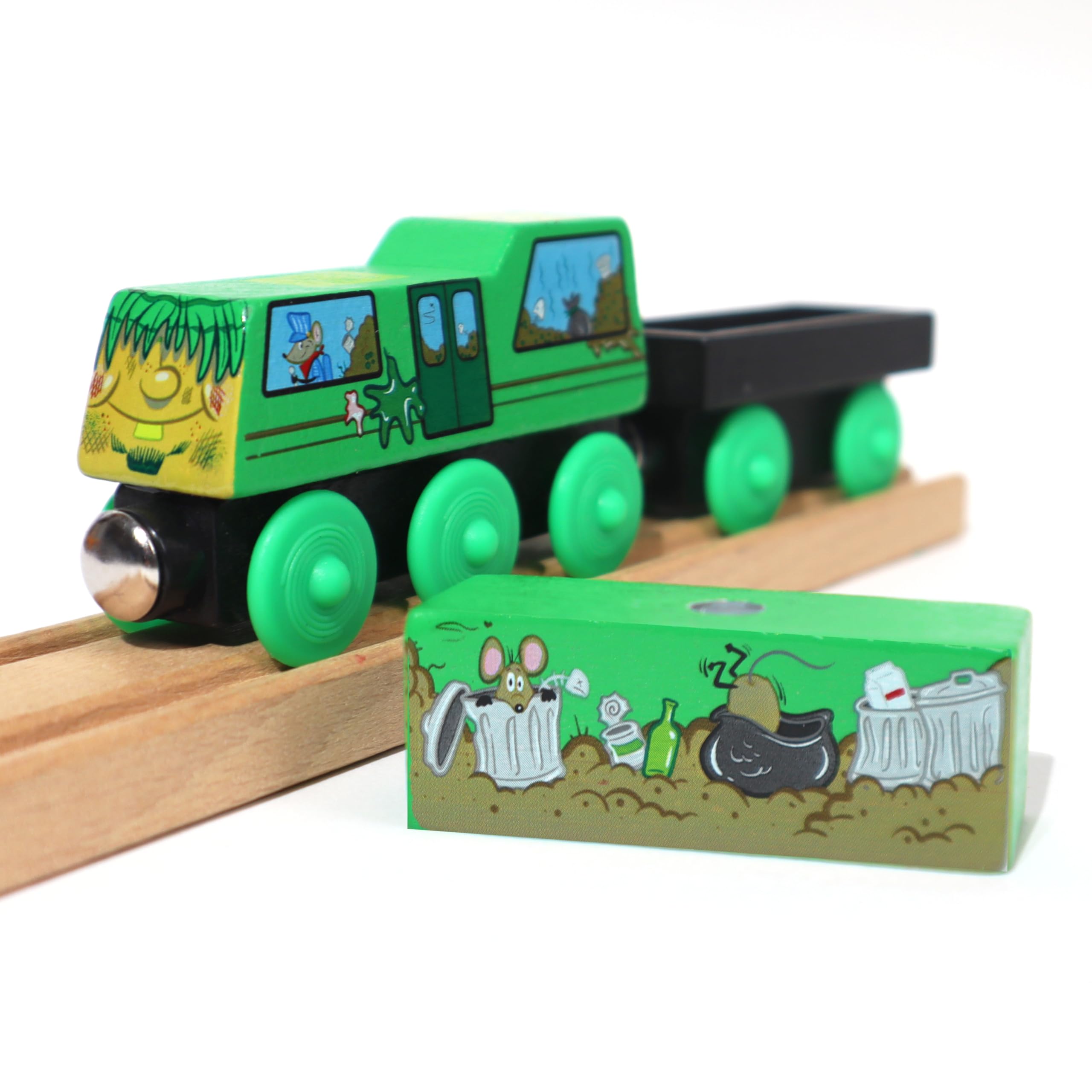 Series 1 - Wooden Train Set with Cargo - Compatible with All Wooden Train Sets - Wooden Train Cars (Trashy Terry)