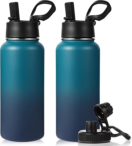 Miniatura 14 de Neihepal - Botellas de agua aisladas de 32 onzas a granel con 2 tapas (pajita y boquilla), botella de agua de acero inoxidable de doble pared, Azul