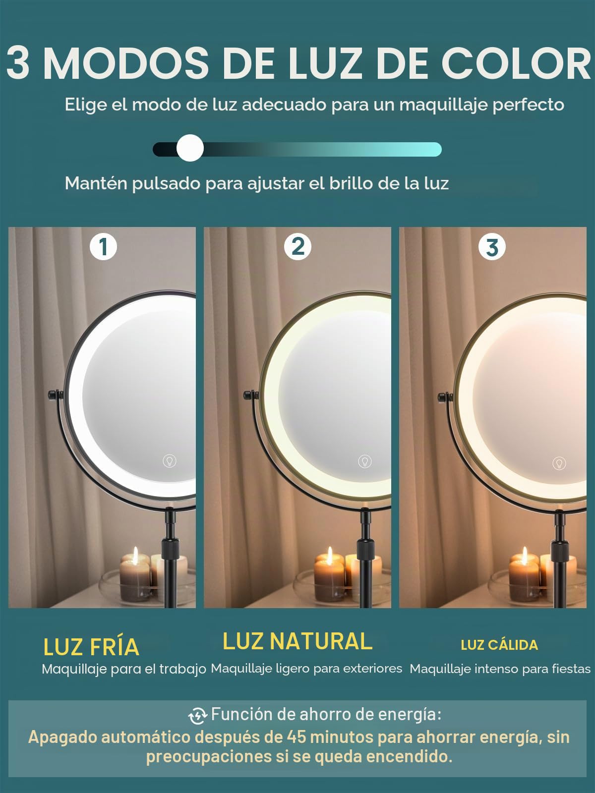 OMIRO Espejo Maquillaje LED con Aumento 3X/10X, Espejo Tocador sin Giro con Soporte Ajustable en Altura (Negro)